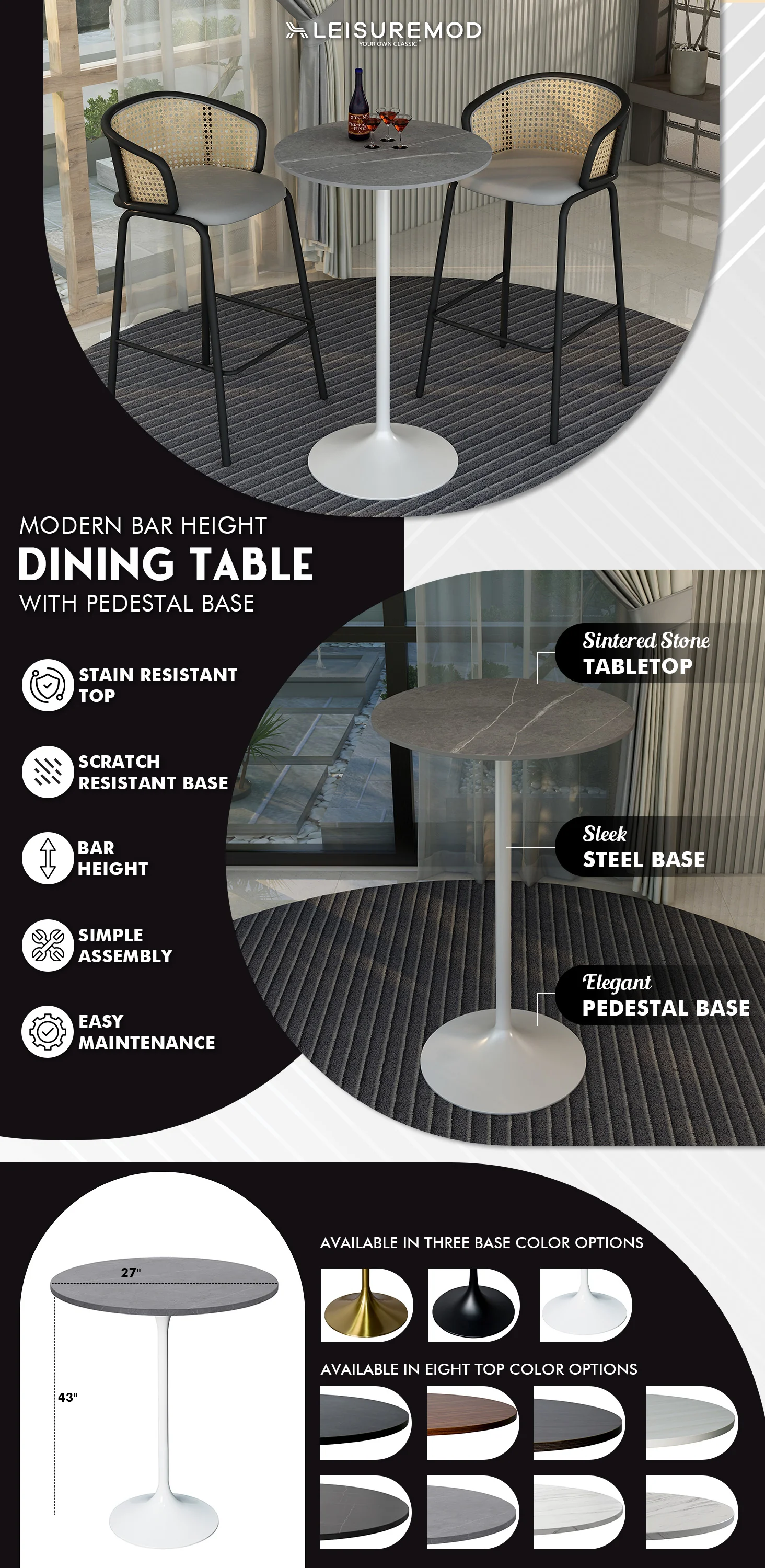 Verve Collection Modern Bar Height Table White Base with 27" Round Marble Grey Sintered Stone Top