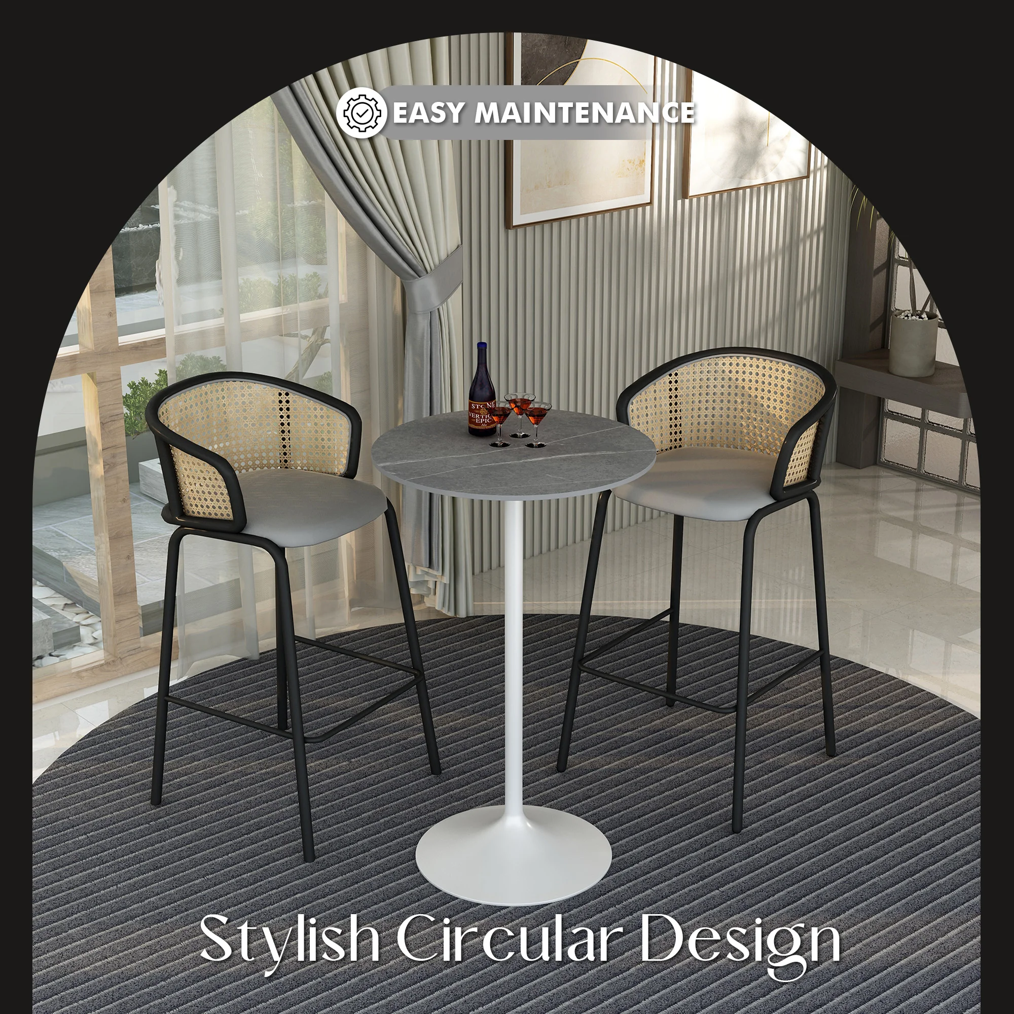 Verve Collection Modern Bar Height Table White Base with 27" Round Marble Grey Sintered Stone Top