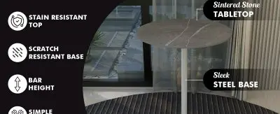 Verve Collection Modern Bar Height Table White Base with 27" Round Marble Grey Sintered Stone Top