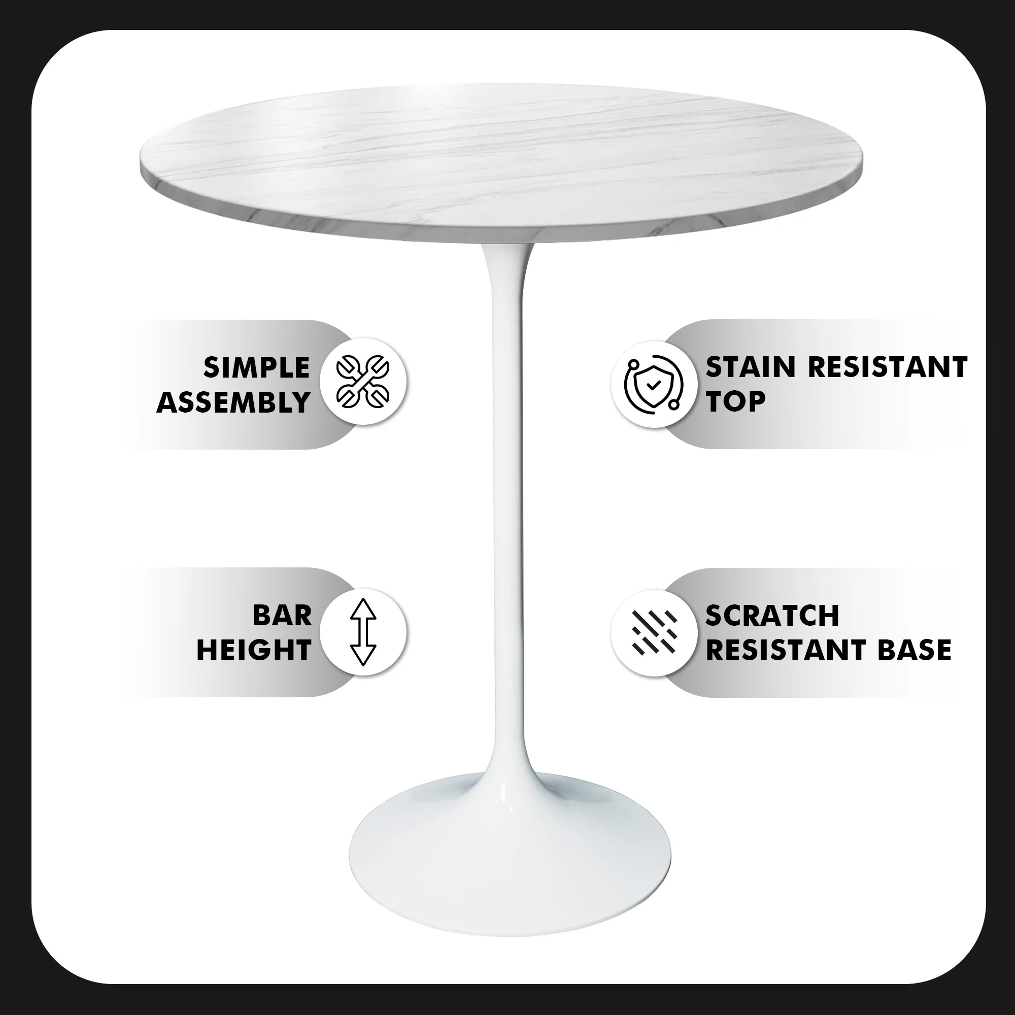 Verve Collection Modern Bar Height Table White Base with 27" Round Marble White Sintered Stone Top