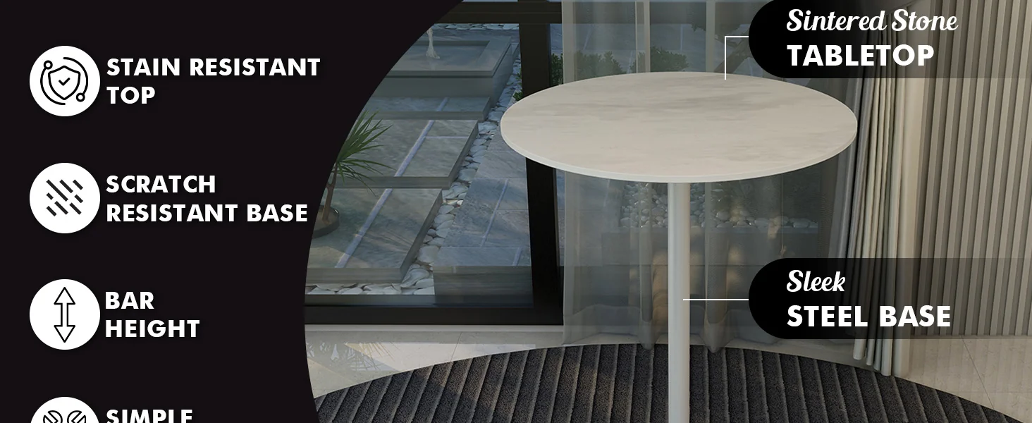 Verve Collection Modern Bar Height Table White Base with 27" Round Marble White Sintered Stone Top