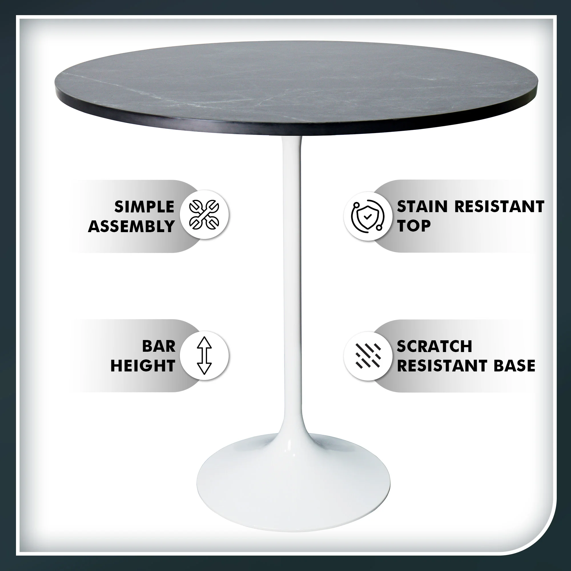 Verve Collection Modern Bar Height Table White Base with 36" Round Black Marbelized MDF Top