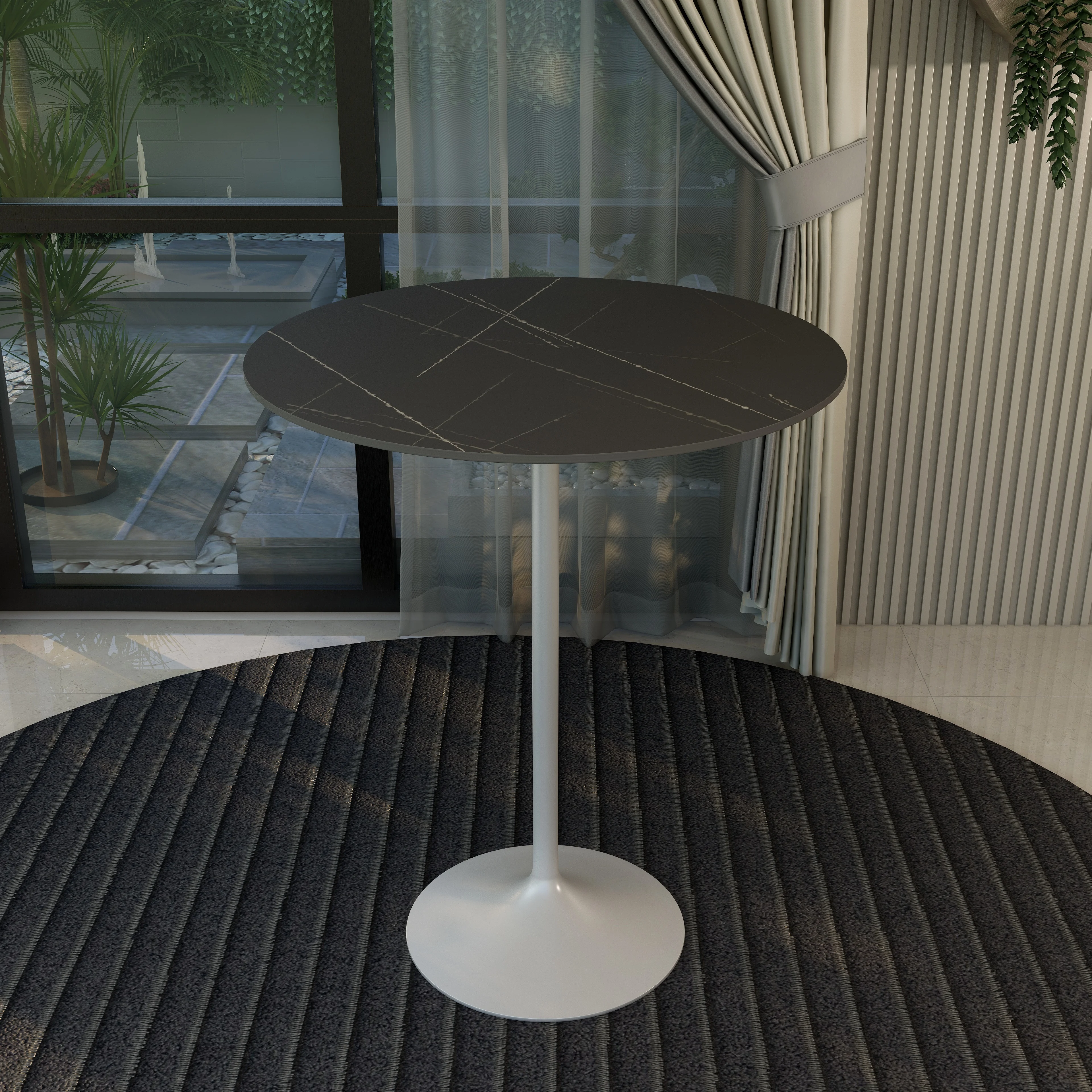 Verve Collection Modern Bar Height Table White Base with 36" Round Black Marbelized Sintered Stone Top