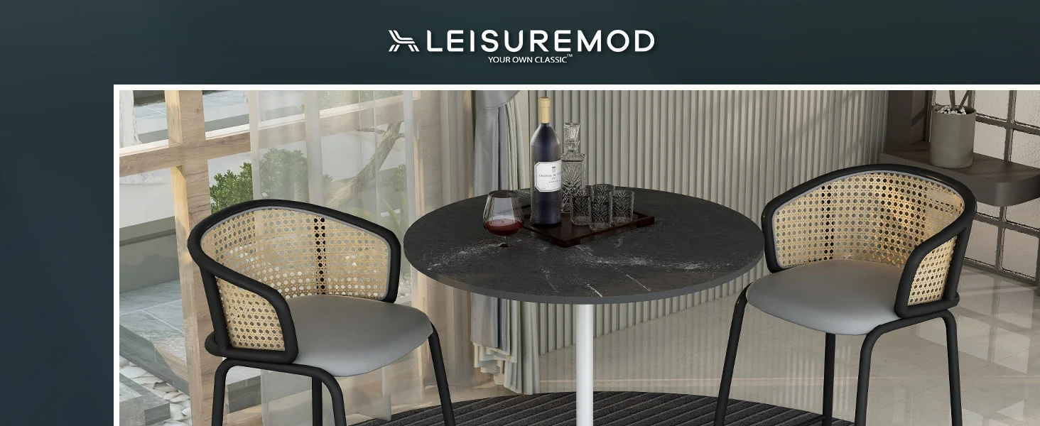 Verve Collection Modern Bar Height Table White Base with 36" Round Black Marbelized Sintered Stone Top