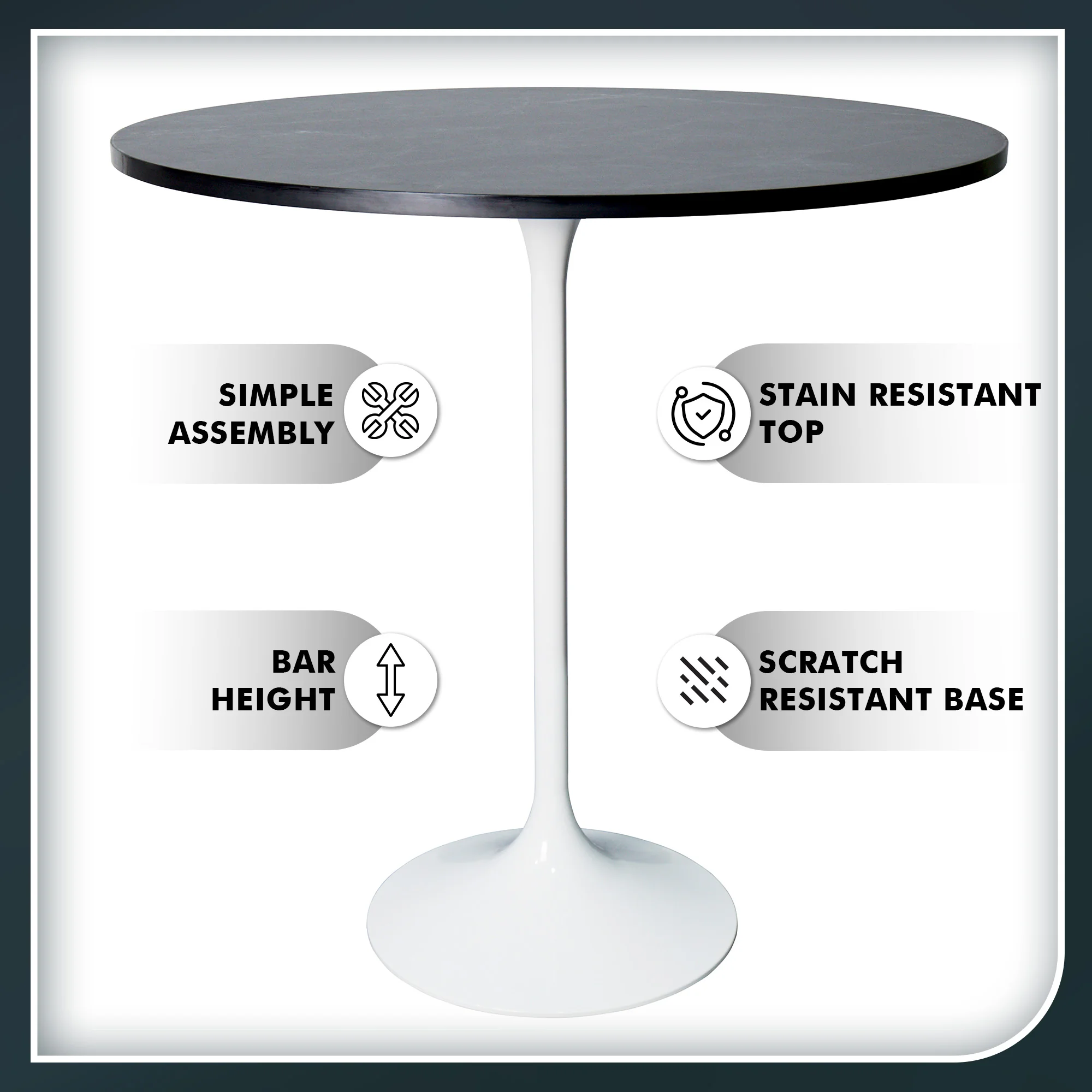 Verve Collection Modern Bar Height Table White Base with 36" Round Black Marbelized Sintered Stone Top