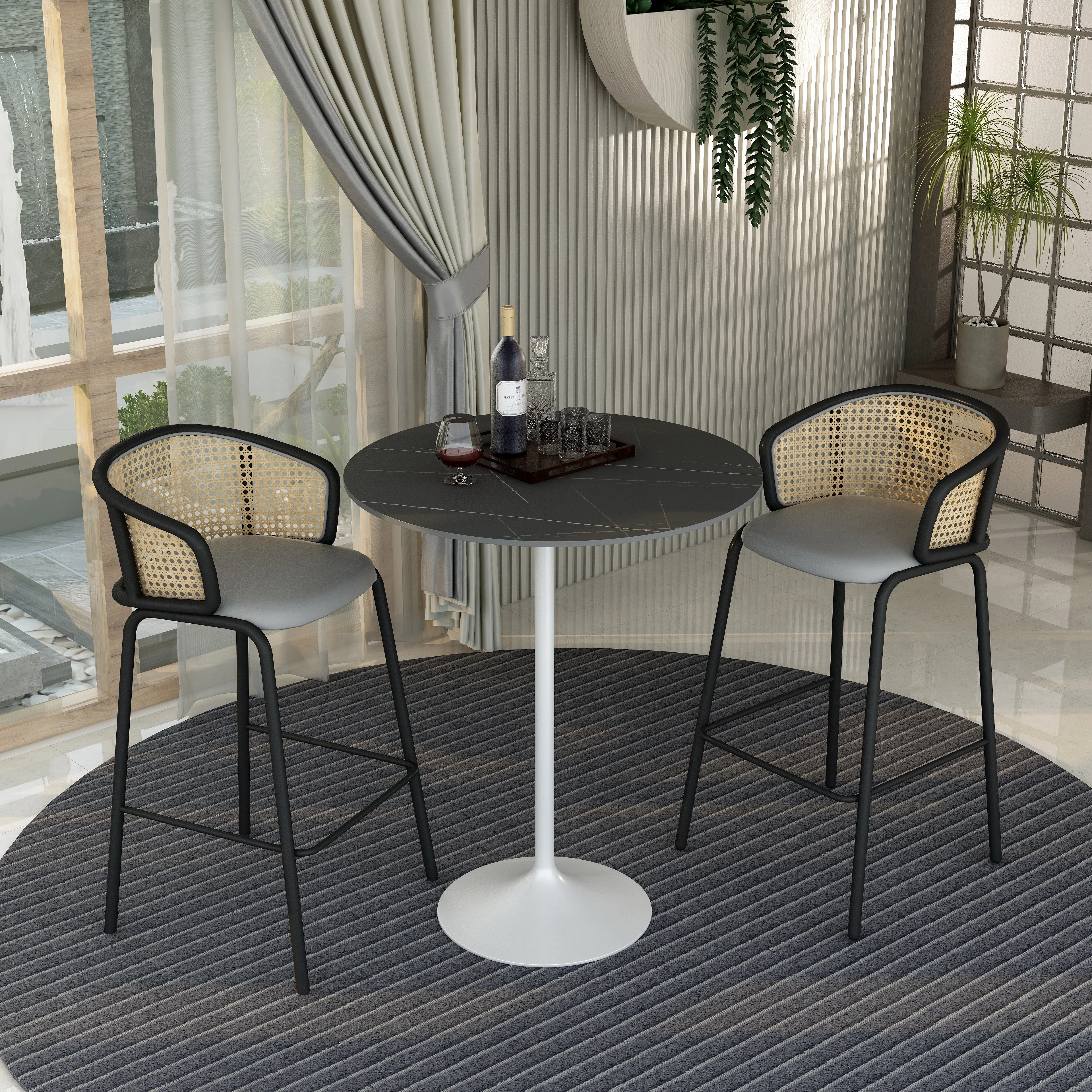 Verve Collection Modern Bar Height Table White Base with 36" Round Black Marbelized Sintered Stone Top