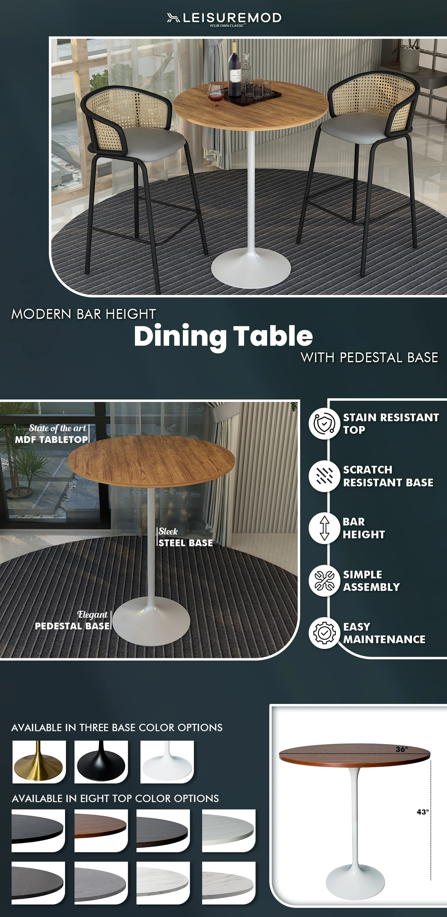 Verve Collection Modern Bar Height Table White Base with 36" Round Cognac Brown MDF Top