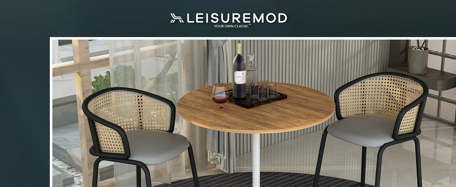 Verve Collection Modern Bar Height Table White Base with 36" Round Cognac Brown MDF Top