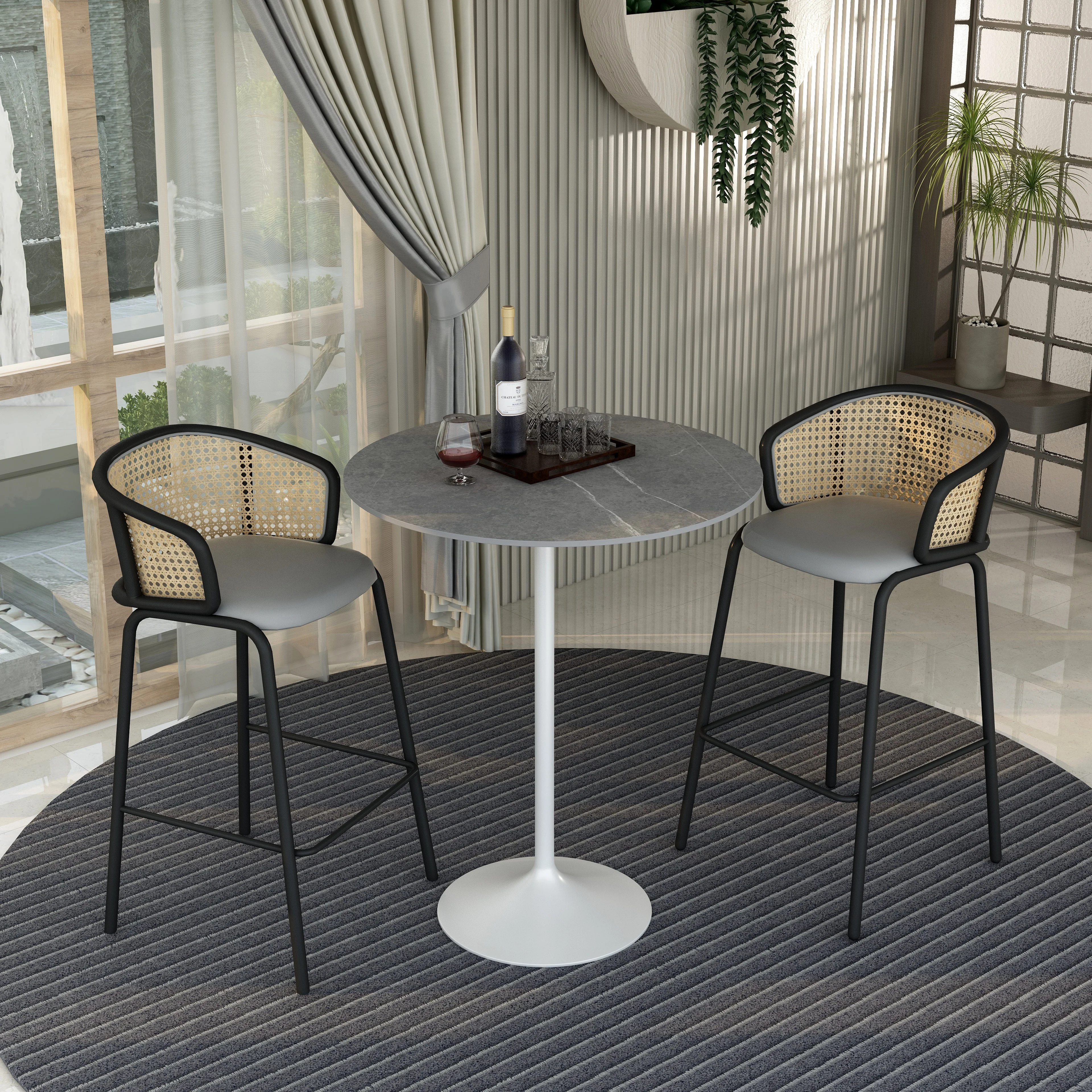 Verve Collection Modern Bar Height Table White Base with 36" Round Marble Grey Sintered Stone Top