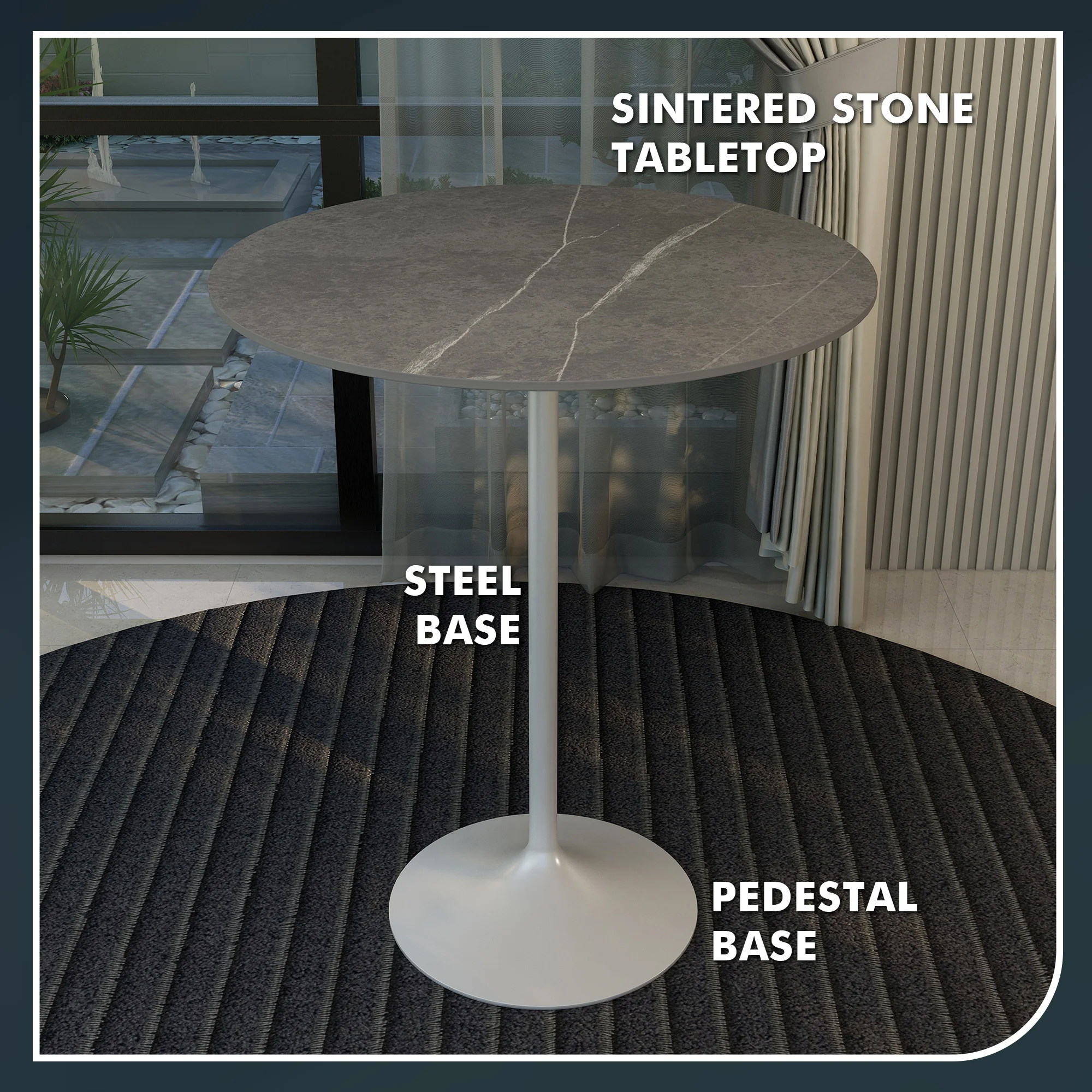 Verve Collection Modern Bar Height Table White Base with 36" Round Marble Grey Sintered Stone Top