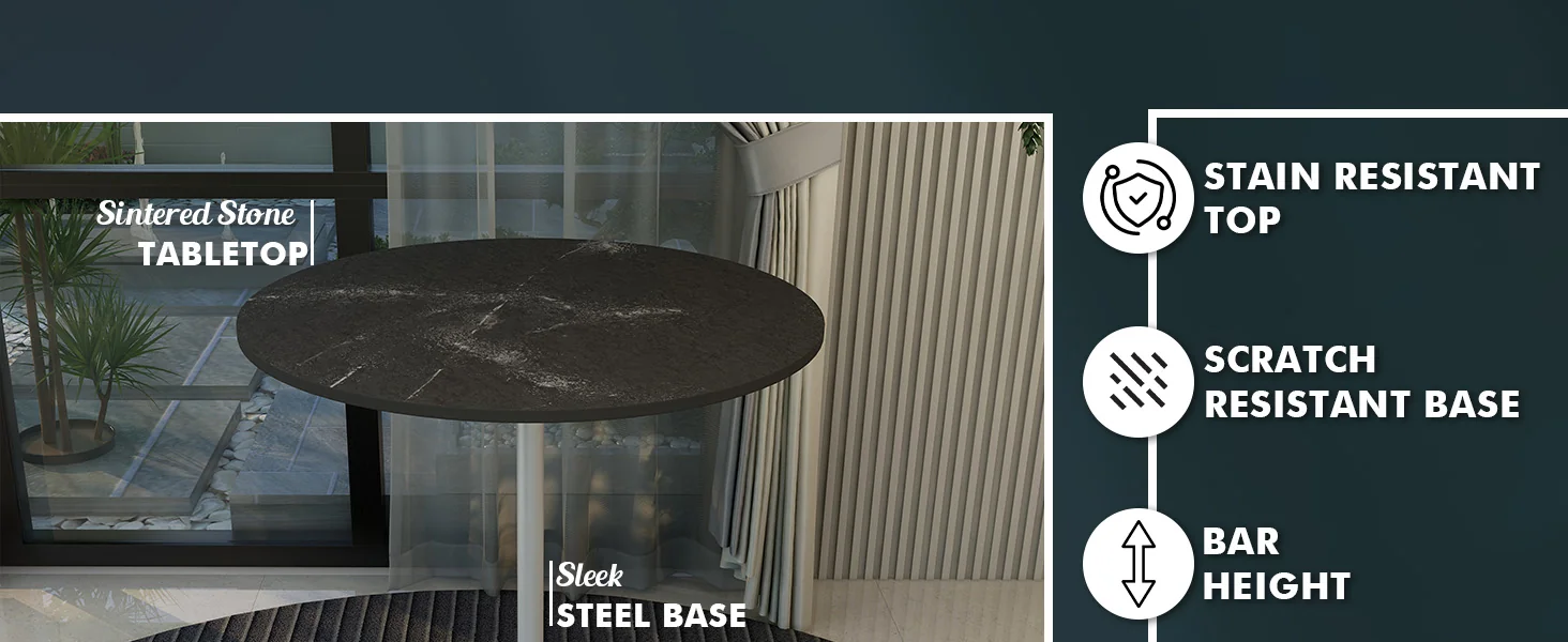 Verve Collection Modern Bar Height Table White Base with 36" Round Marble Grey Sintered Stone Top