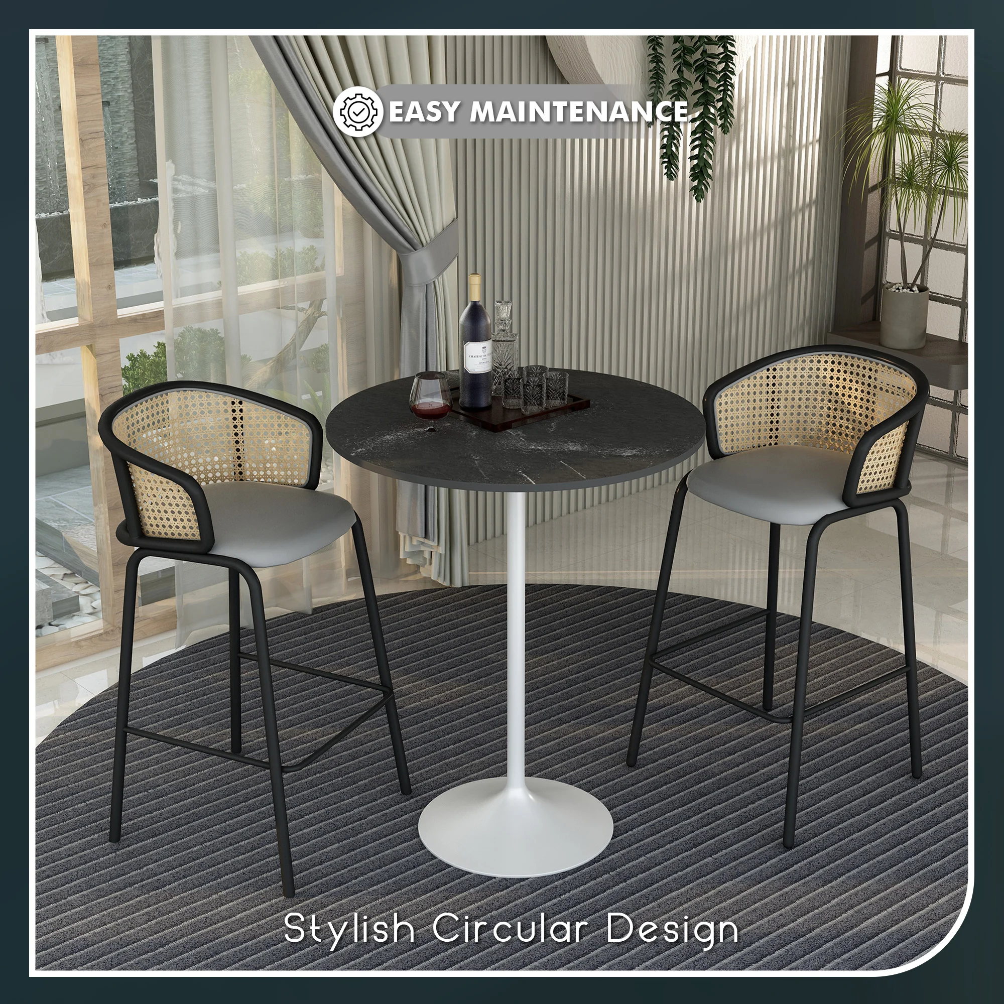 Verve Collection Modern Bar Height Table White Base with 36" Round Marble Grey Sintered Stone Top