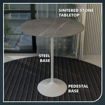 Verve Collection Modern Bar Height Table White Base with 36" Round Marble Grey Sintered Stone Top