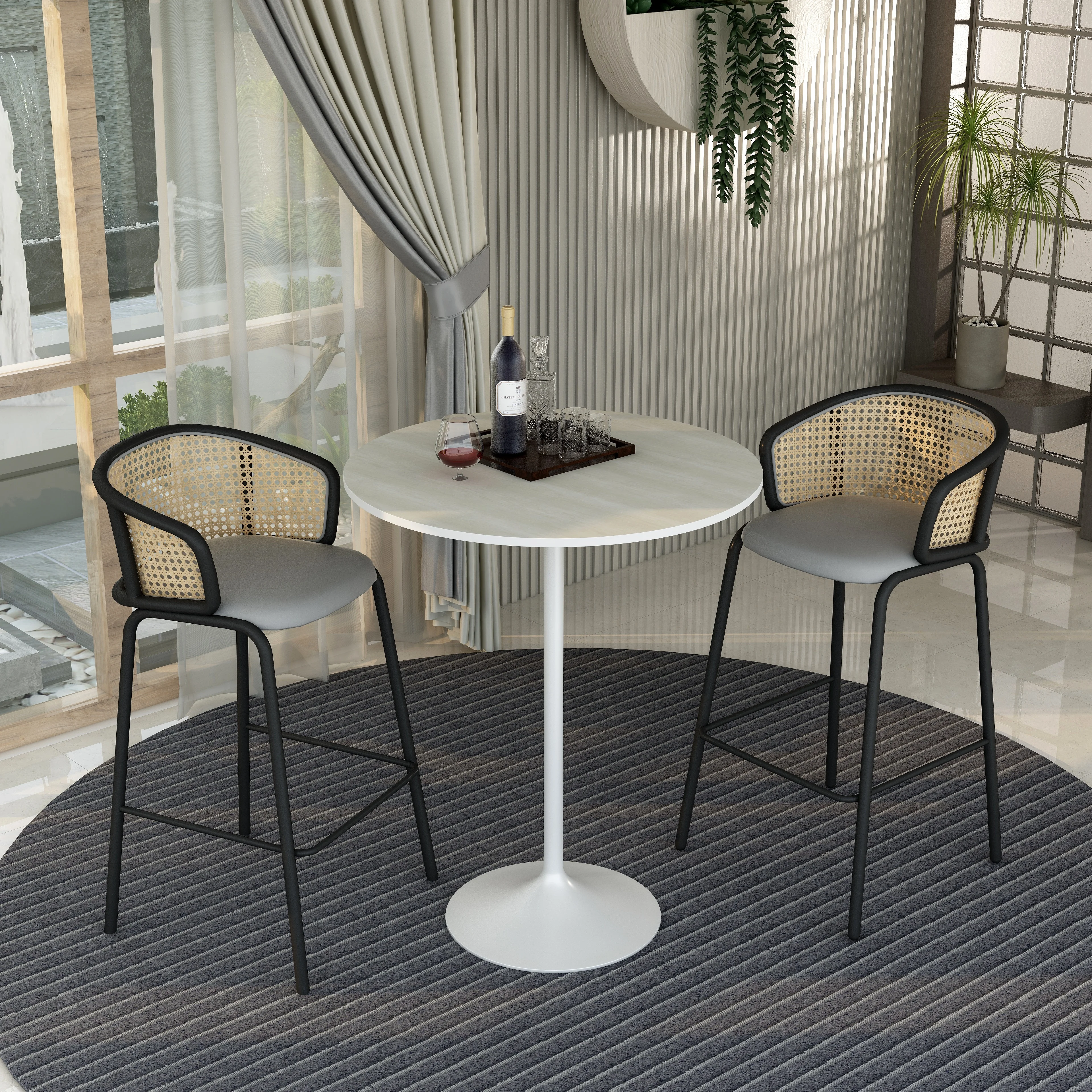Verve Collection Modern Bar Height Table White Base with 36" Round Light Natural Wood MDF Top