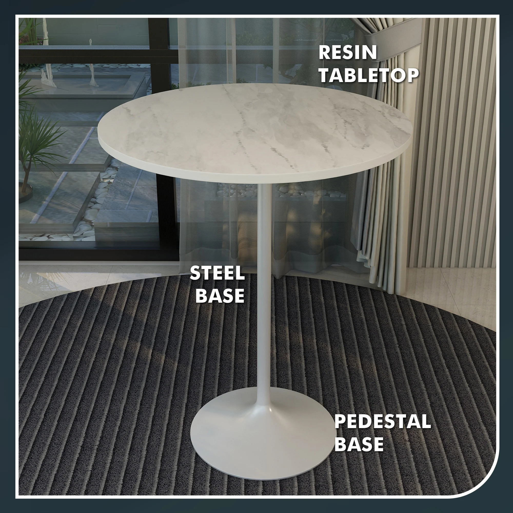 Verve Collection Modern Bar Height Table White Base with 36" Round Marbleized White Laminated Top