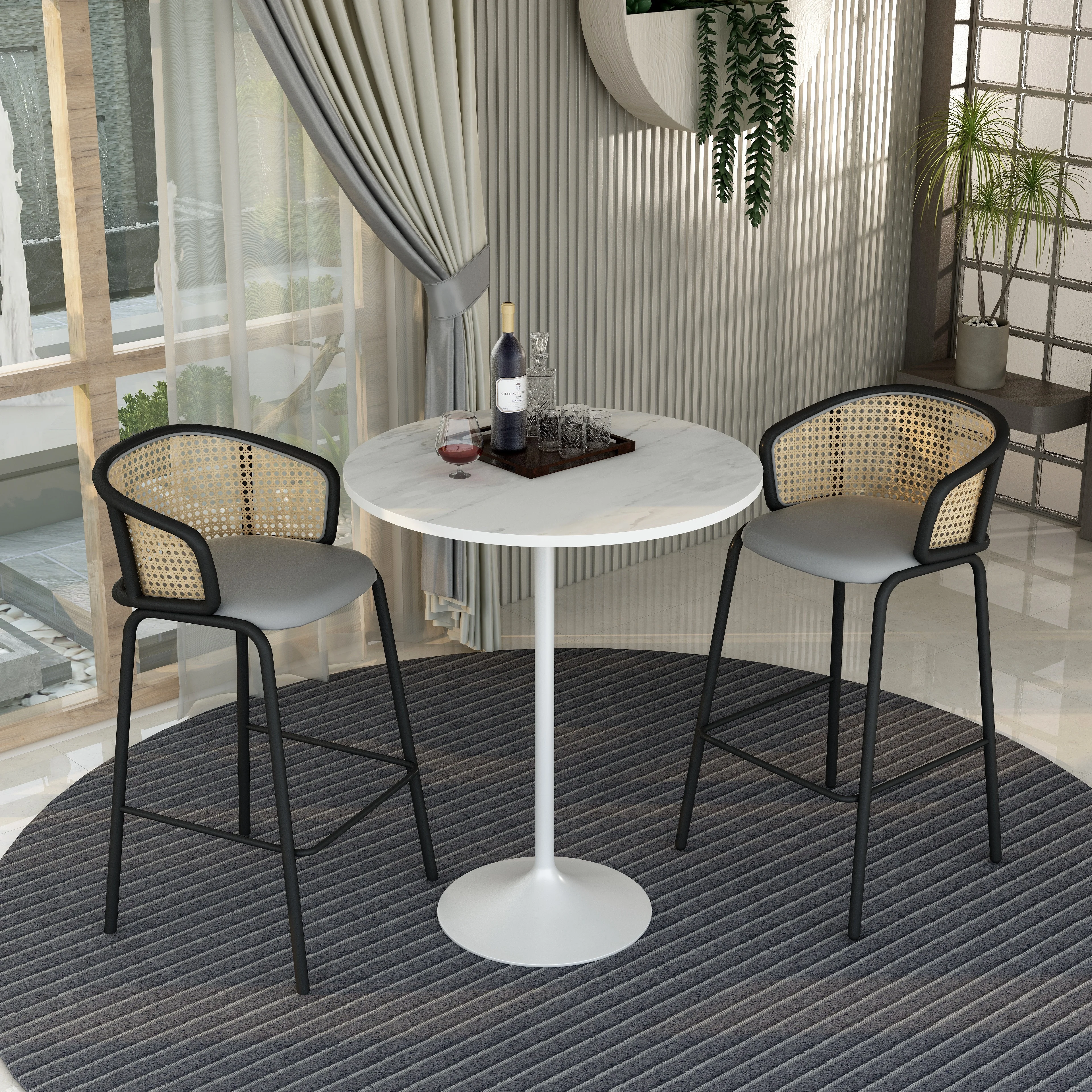 Verve Collection Modern Bar Height Table White Base with 36" Round Marbleized White Laminated Top
