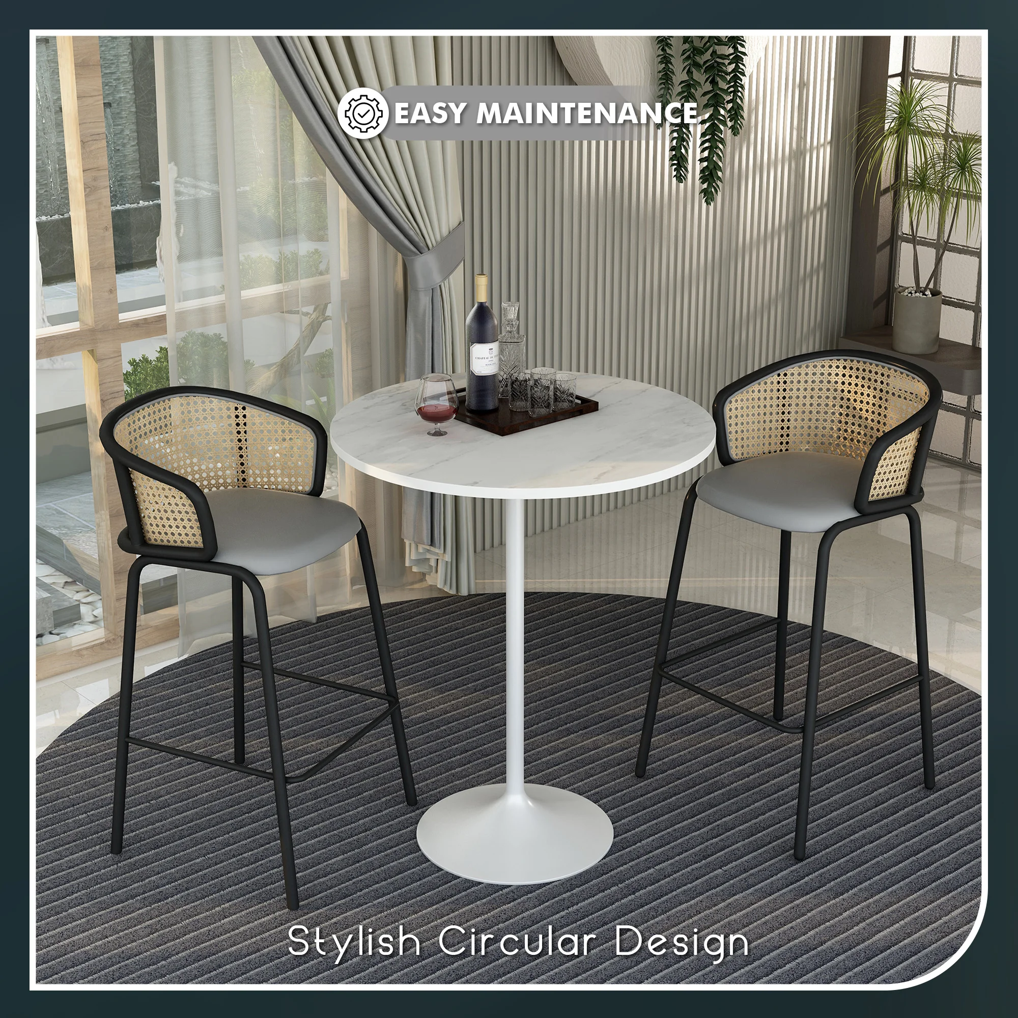 Verve Collection Modern Bar Height Table White Base with 36" Round Marbleized White Laminated Top