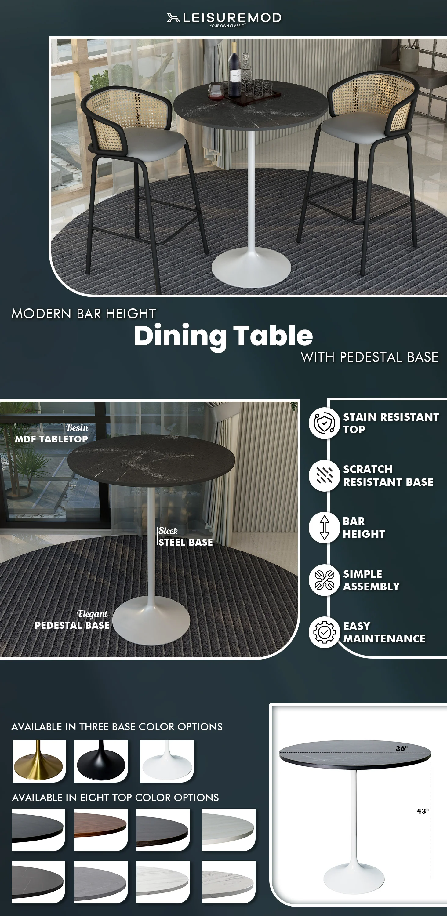 Verve Collection Modern Bar Height Table White Base with 36" Round Marbleized White Laminated Top