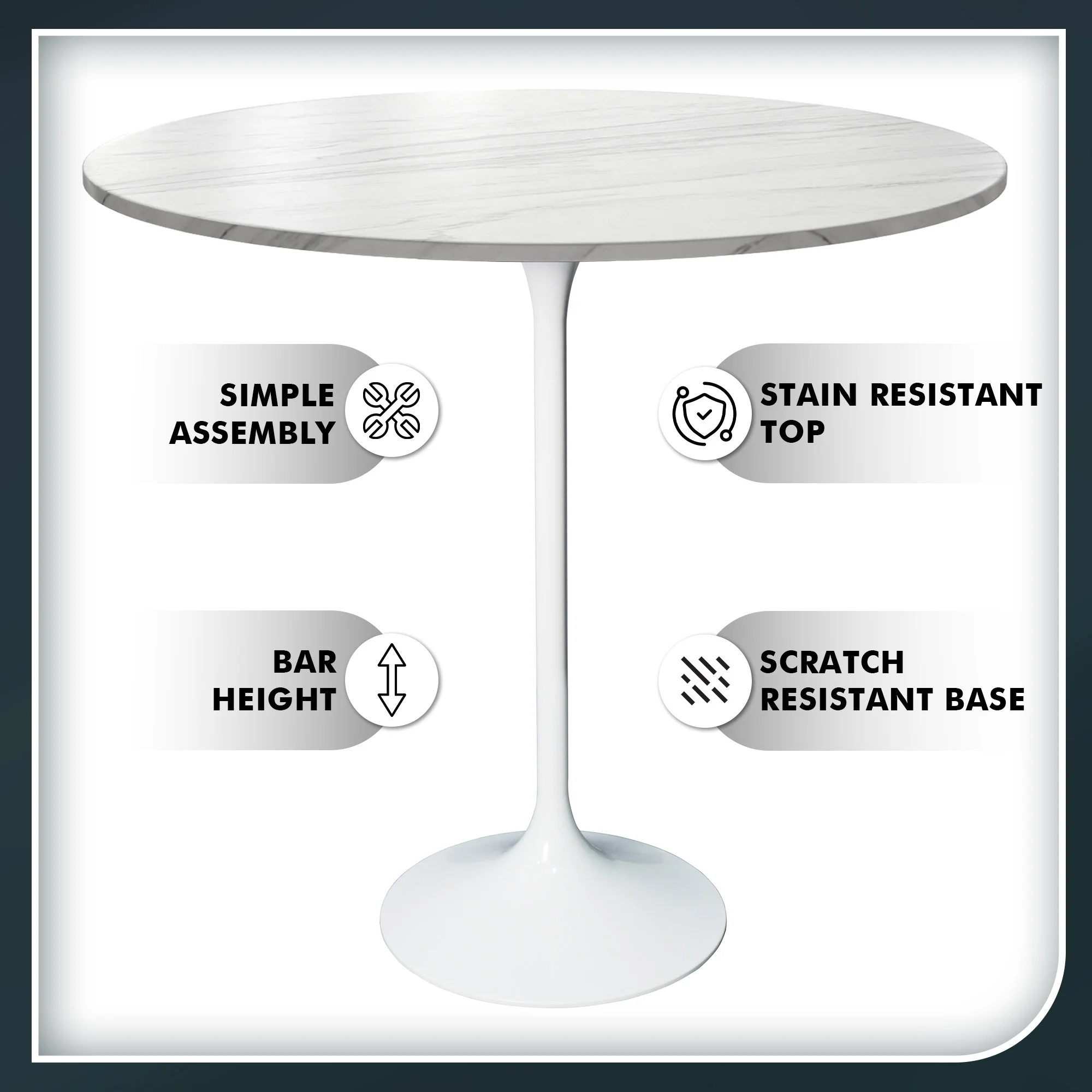 Verve Collection Modern Bar Height Table White Base with 36" Round Marble White Sintered Stone Top