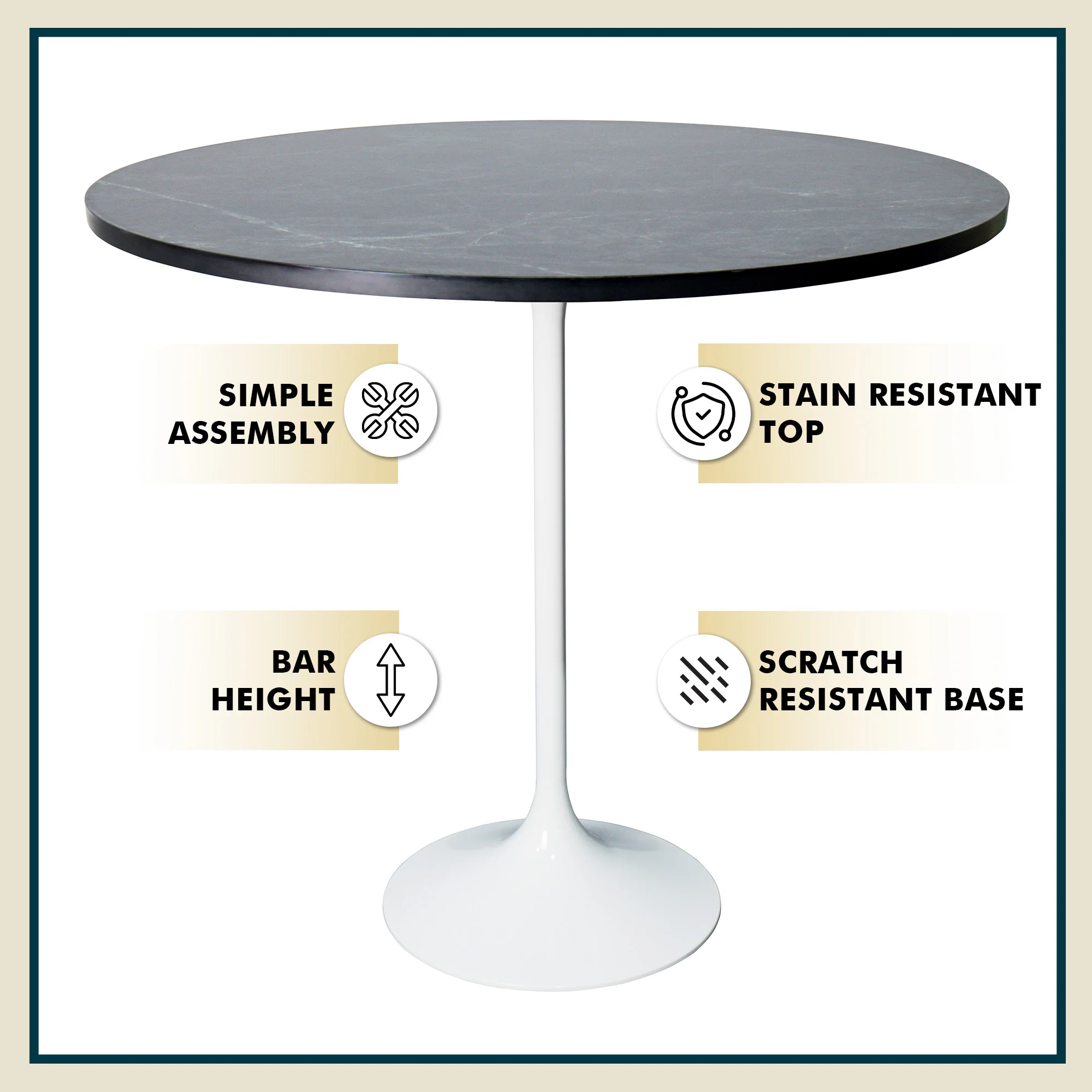 Verve Collection Modern Bar Height Table White Base with 48" Round Black Marbelized MDF Top