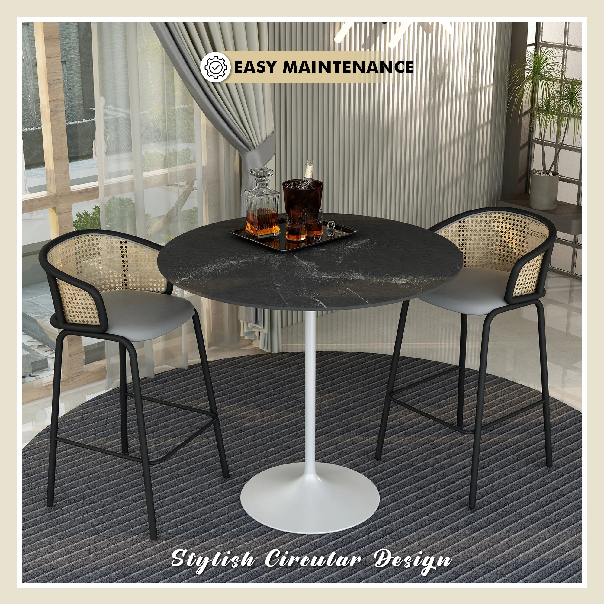 Verve Collection Modern Bar Height Table White Base with 48" Round Black Marbelized MDF Top