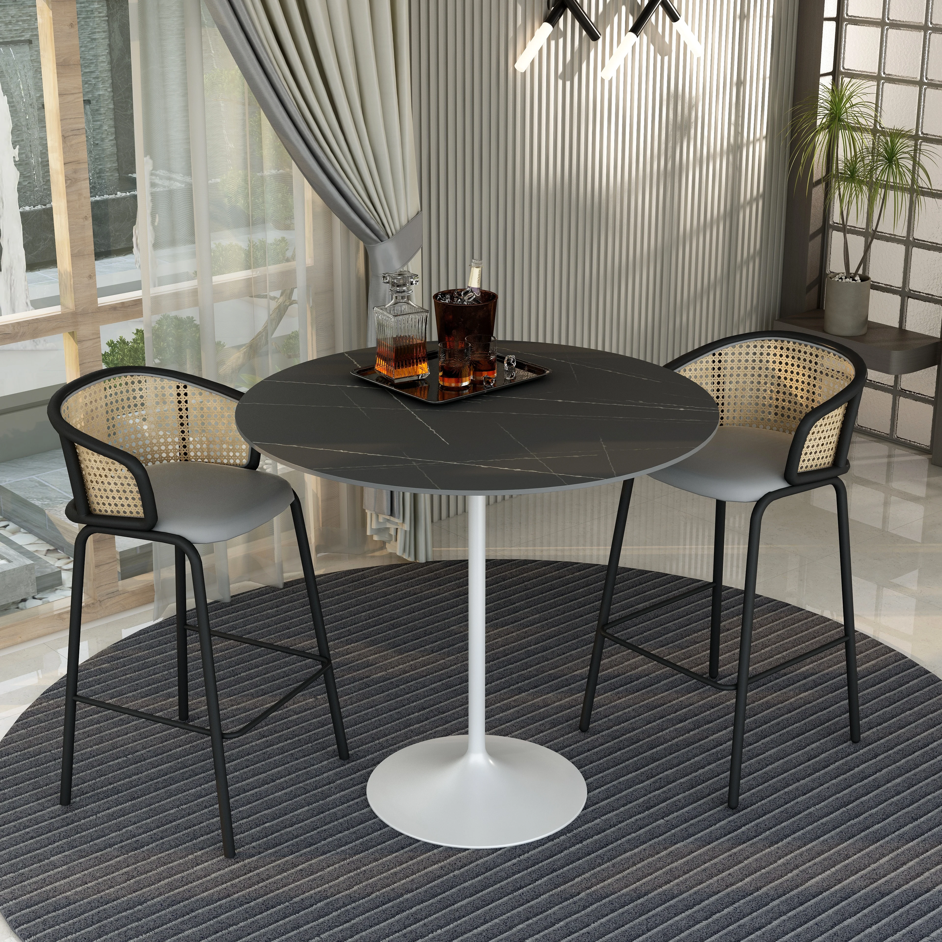 Verve Collection Modern Bar Height Table White Base with 48" Round Black Marbelized Sintered Stone Top