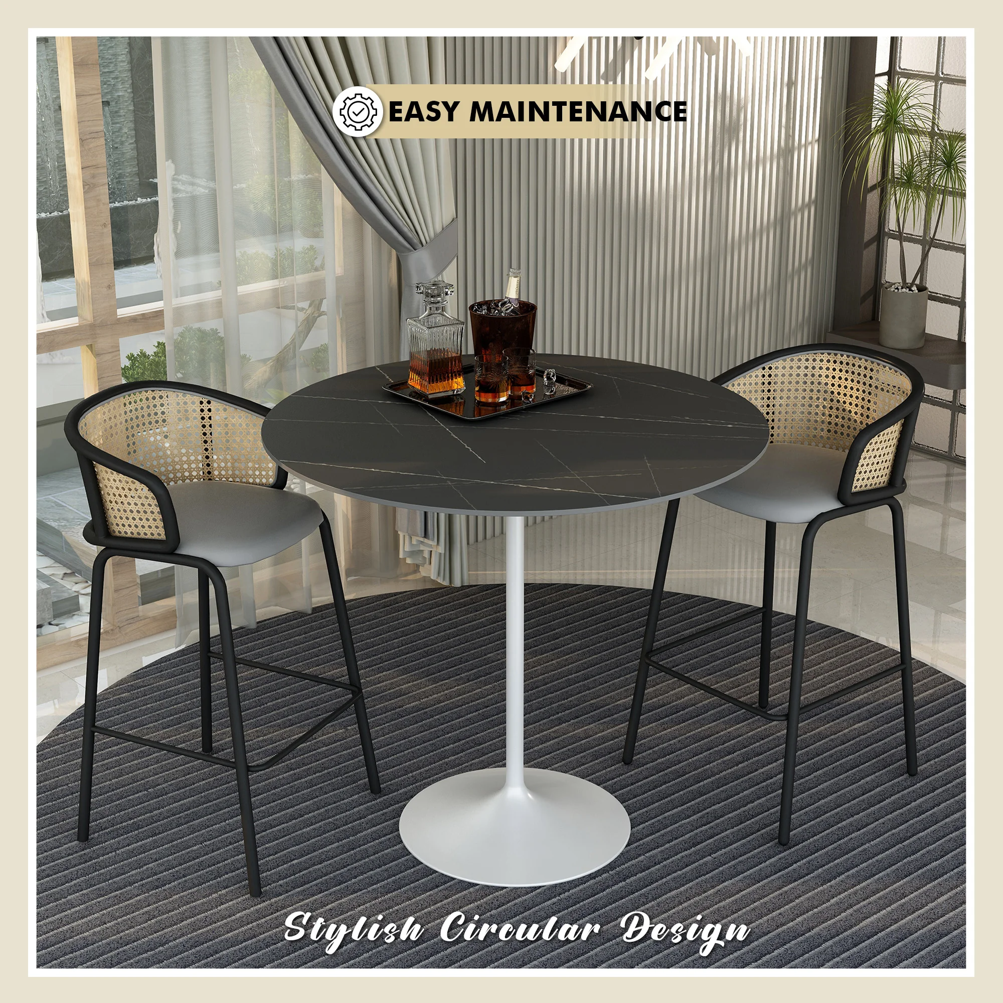 Verve Collection Modern Bar Height Table White Base with 48" Round Black Marbelized Sintered Stone Top