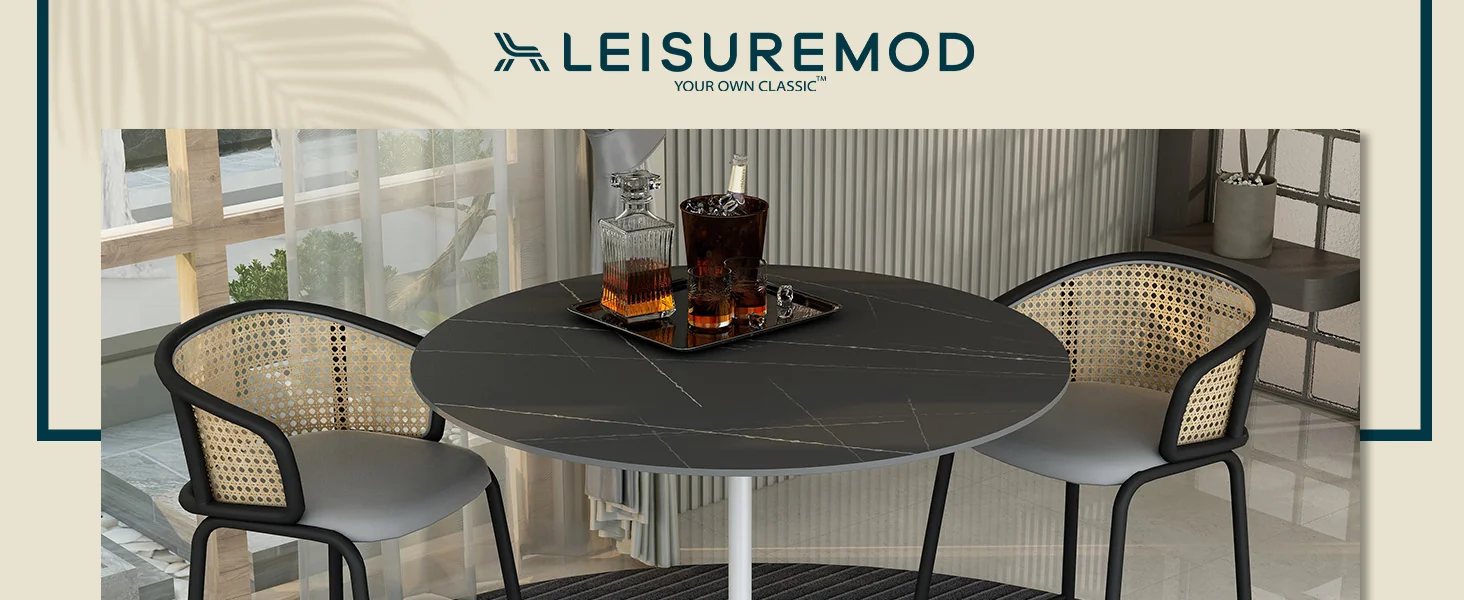 Verve Collection Modern Bar Height Table White Base with 48" Round Black Marbelized Sintered Stone Top