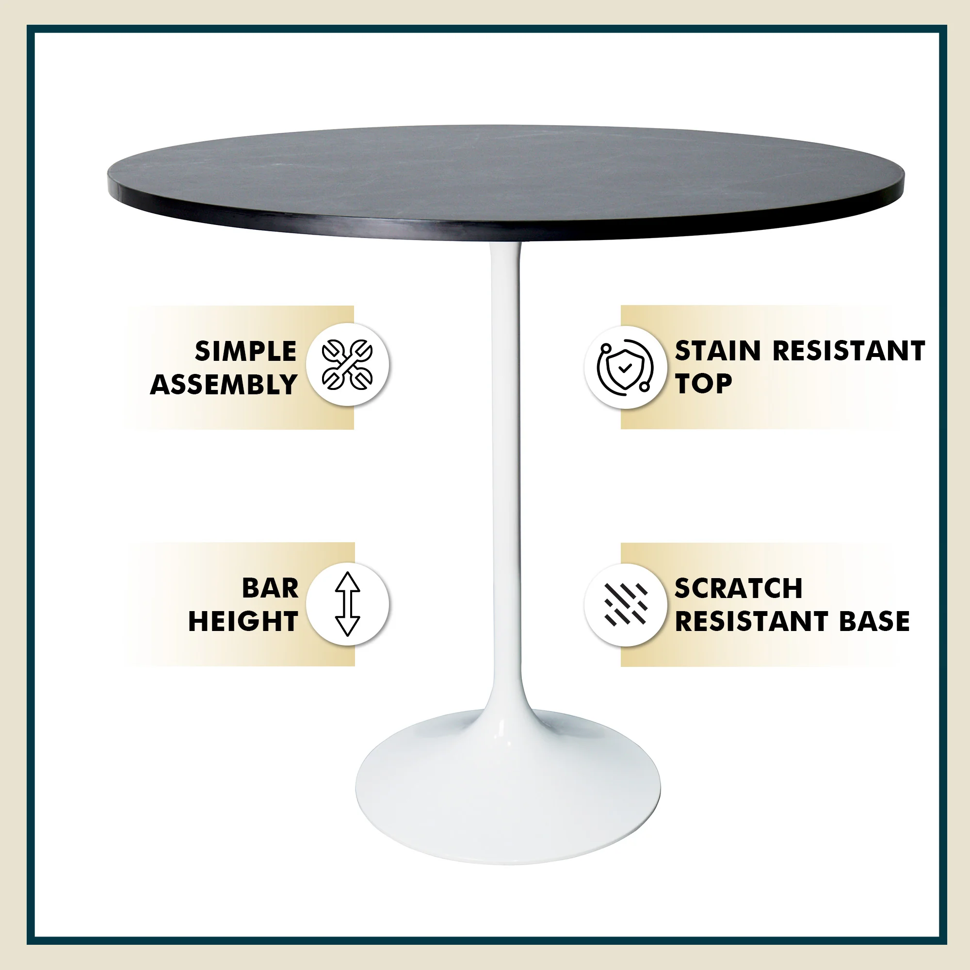Verve Collection Modern Bar Height Table White Base with 48" Round Black Marbelized Sintered Stone Top