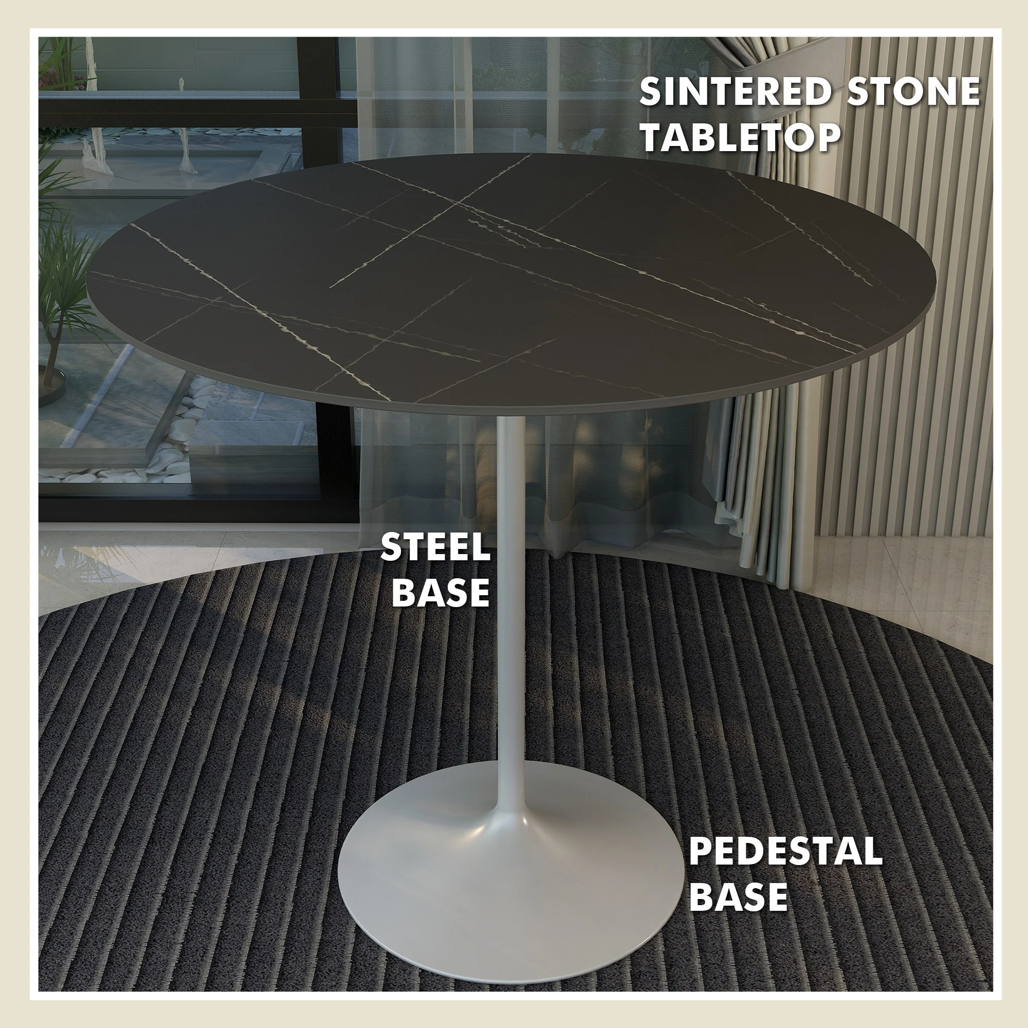 Verve Collection Modern Bar Height Table White Base with 48" Round Black Marbelized Sintered Stone Top