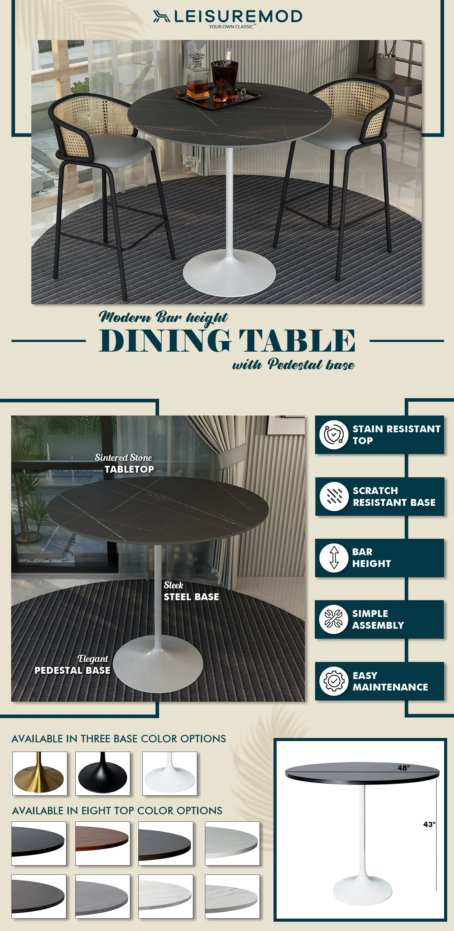 Verve Collection Modern Bar Height Table White Base with 48" Round Black Marbelized Sintered Stone Top