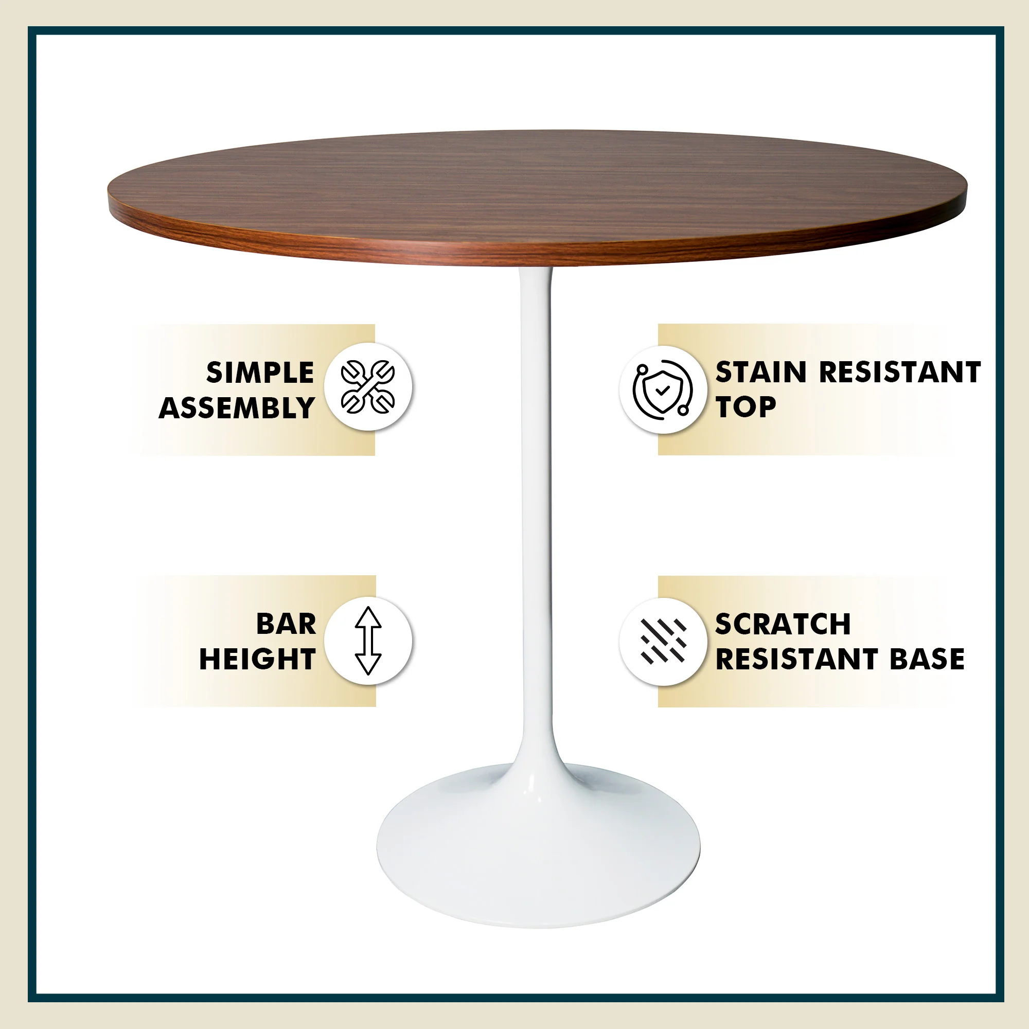 Verve Collection Modern Bar Height Table White Base with 48" Round Cognac Brown MDF Top