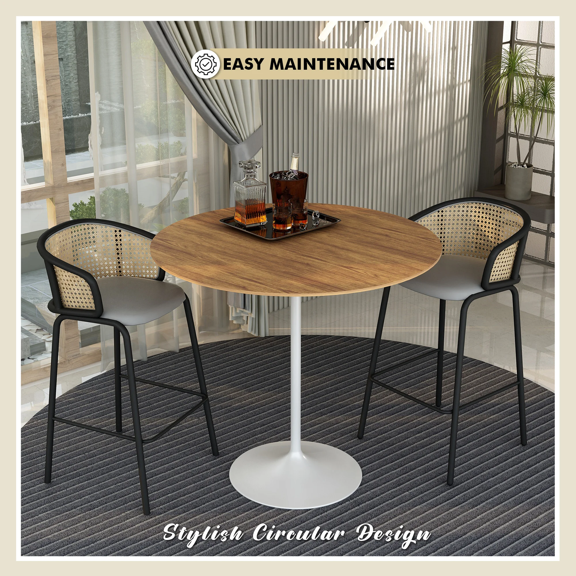 Verve Collection Modern Bar Height Table White Base with 48" Round Cognac Brown MDF Top