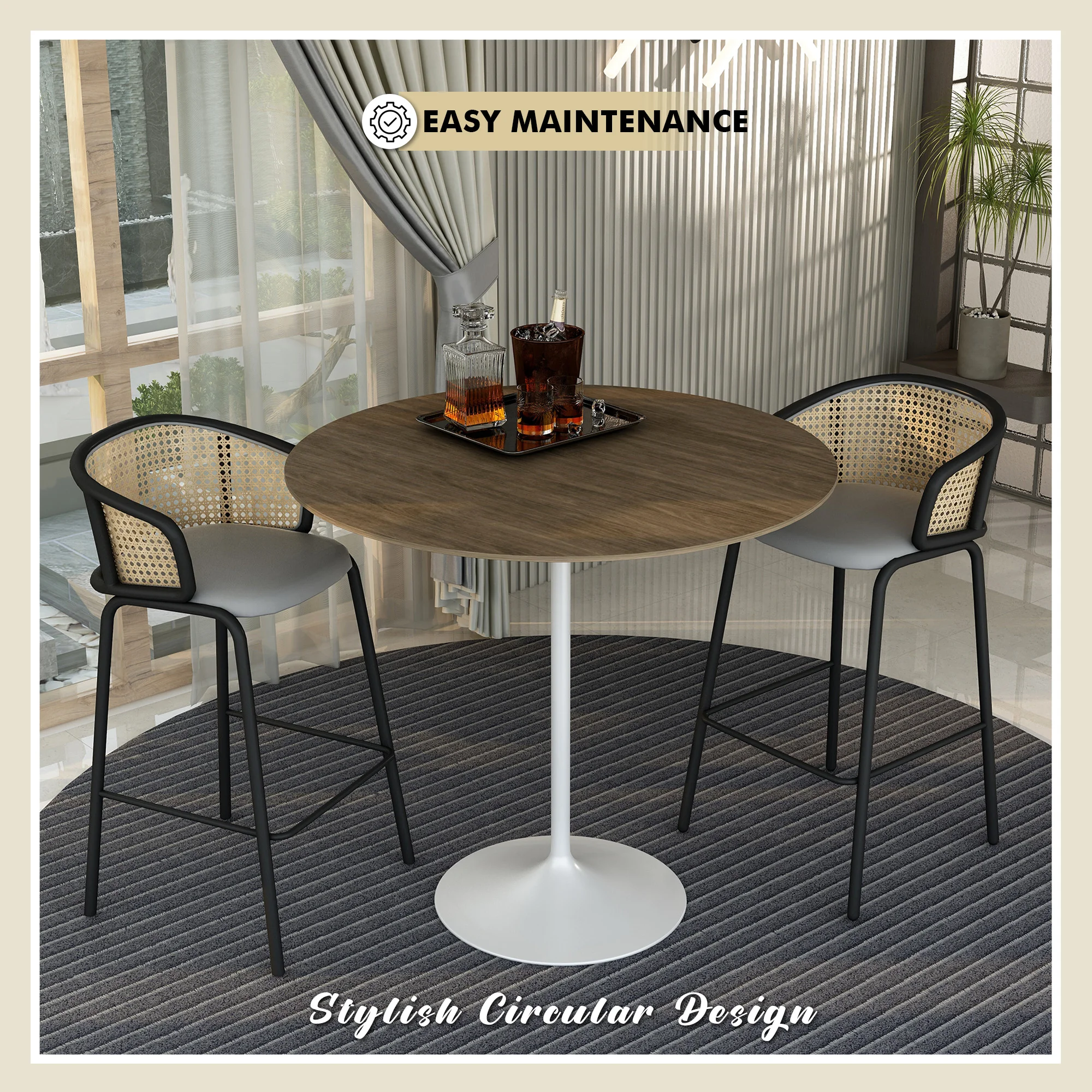 Verve Collection Modern Bar Height Table White Base with 48" Round Dark Walnut MDF Top