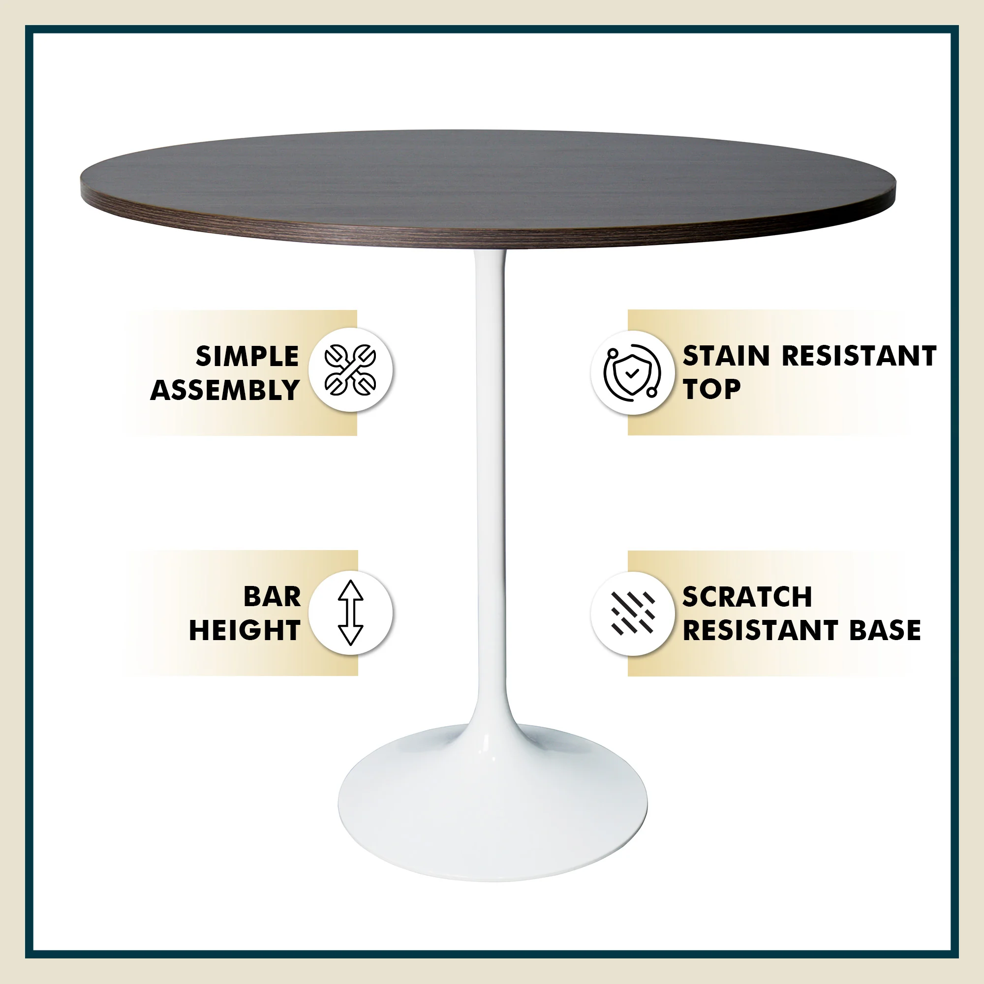 Verve Collection Modern Bar Height Table White Base with 48" Round Dark Walnut MDF Top