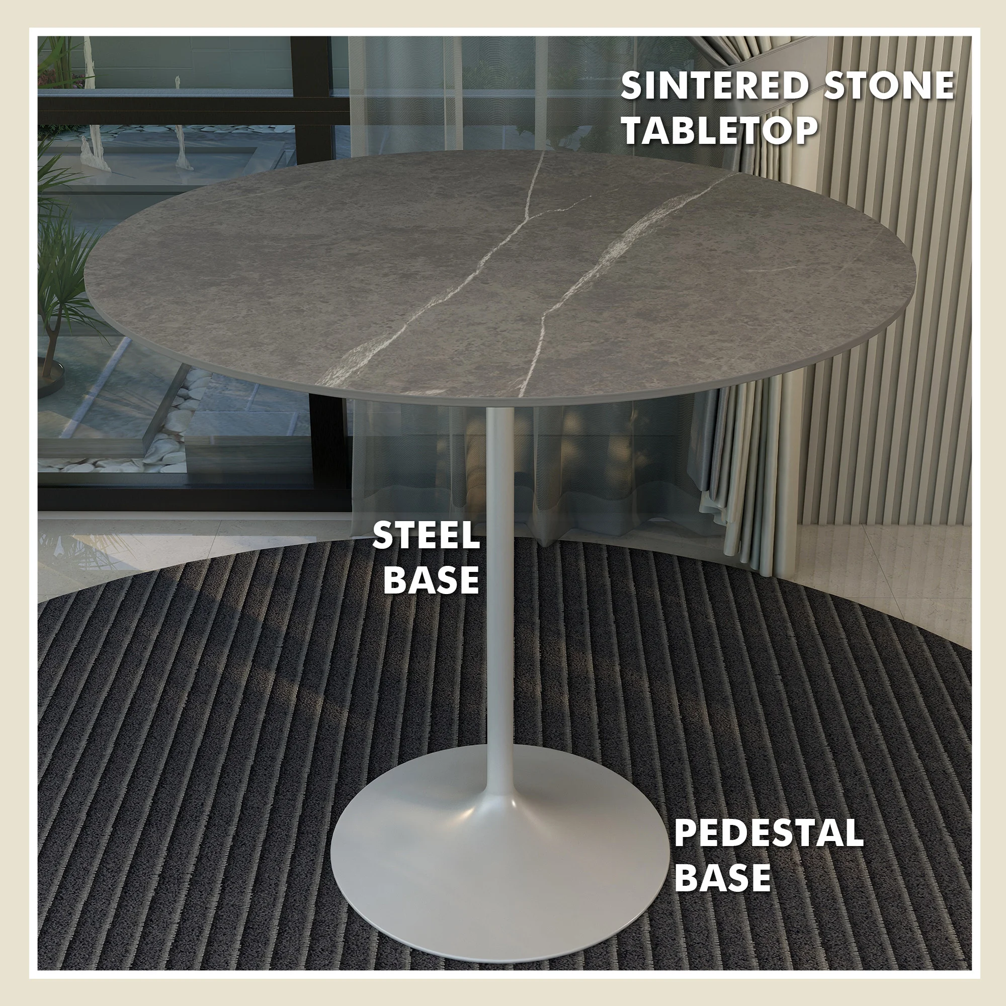 Verve Collection Modern Bar Height Table White Base with 48" Round Marble Grey Sintered Stone Top