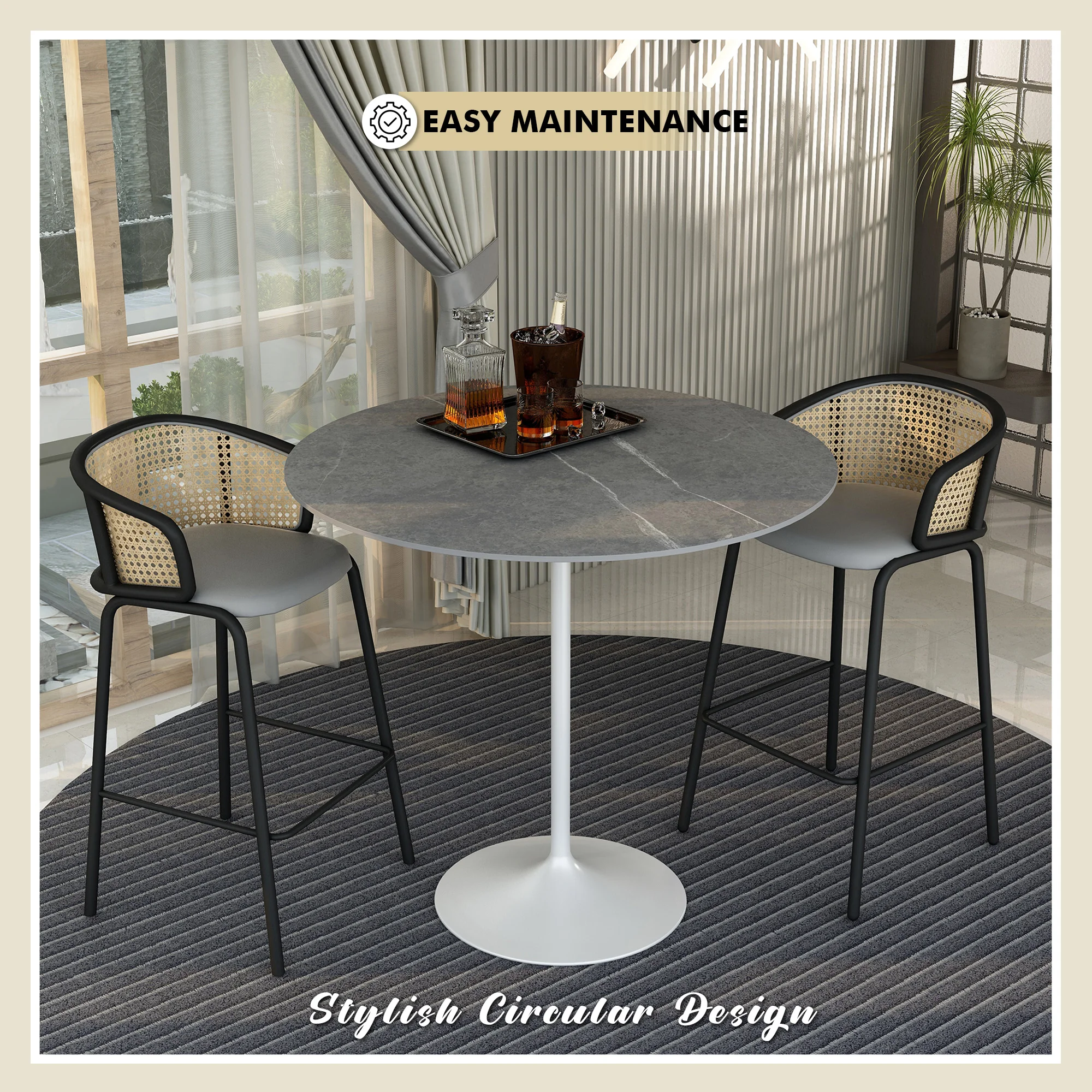 Verve Collection Modern Bar Height Table White Base with 48" Round Marble Grey Sintered Stone Top