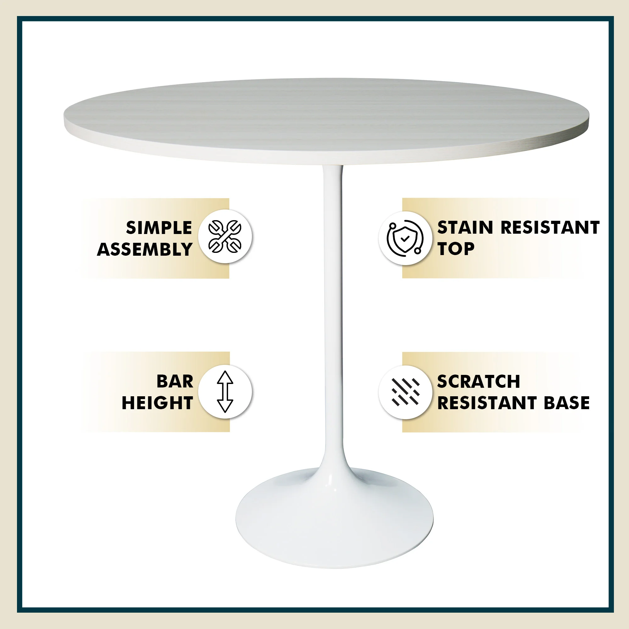 Verve Collection Modern Bar Height Table White Base with 48" Round Light Natural Wood MDF Top