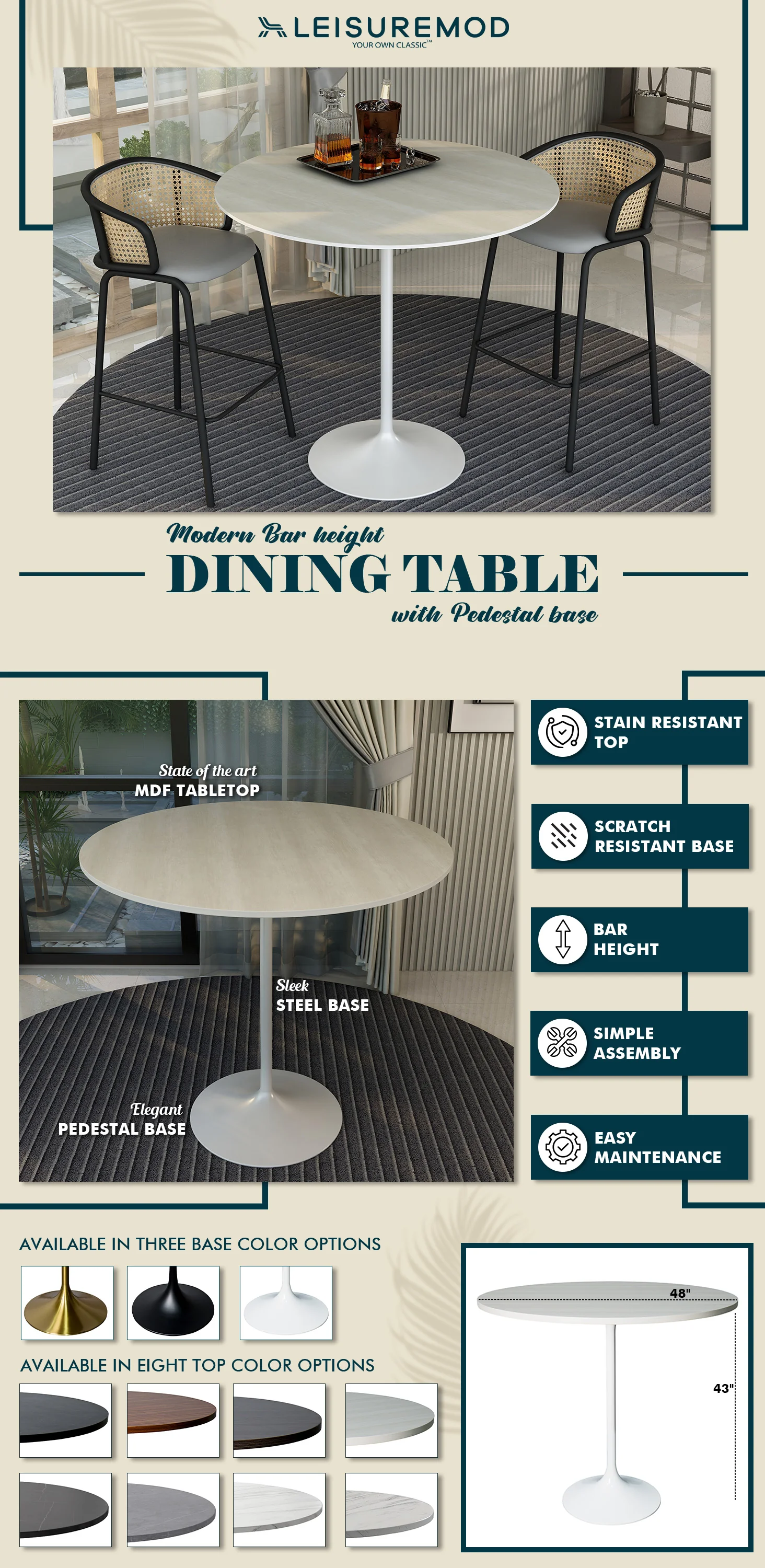 Verve Collection Modern Bar Height Table White Base with 48" Round Light Natural Wood MDF Top