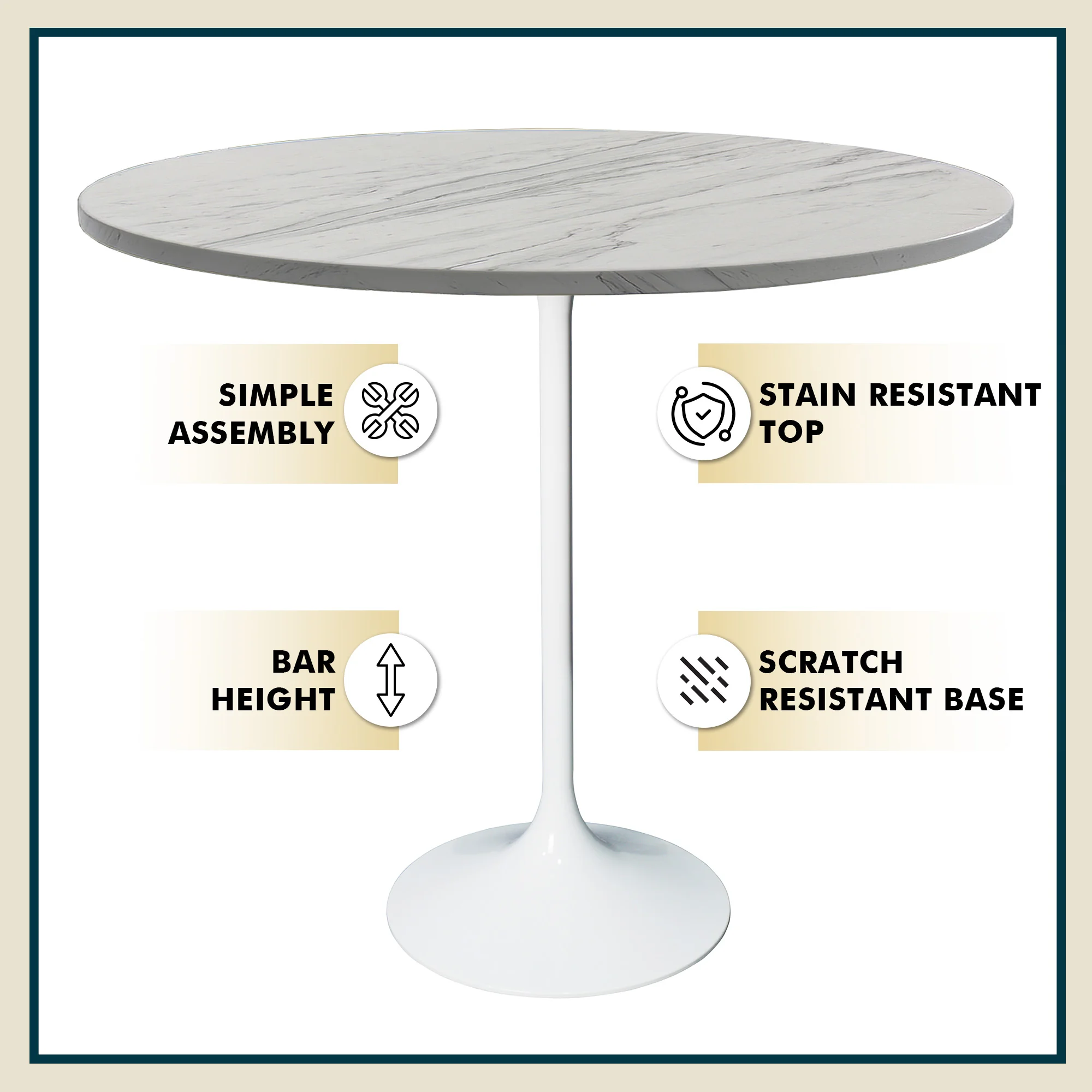 Verve Collection Modern Bar Height Table White Base with 48" Round Marbleized White Laminated Top