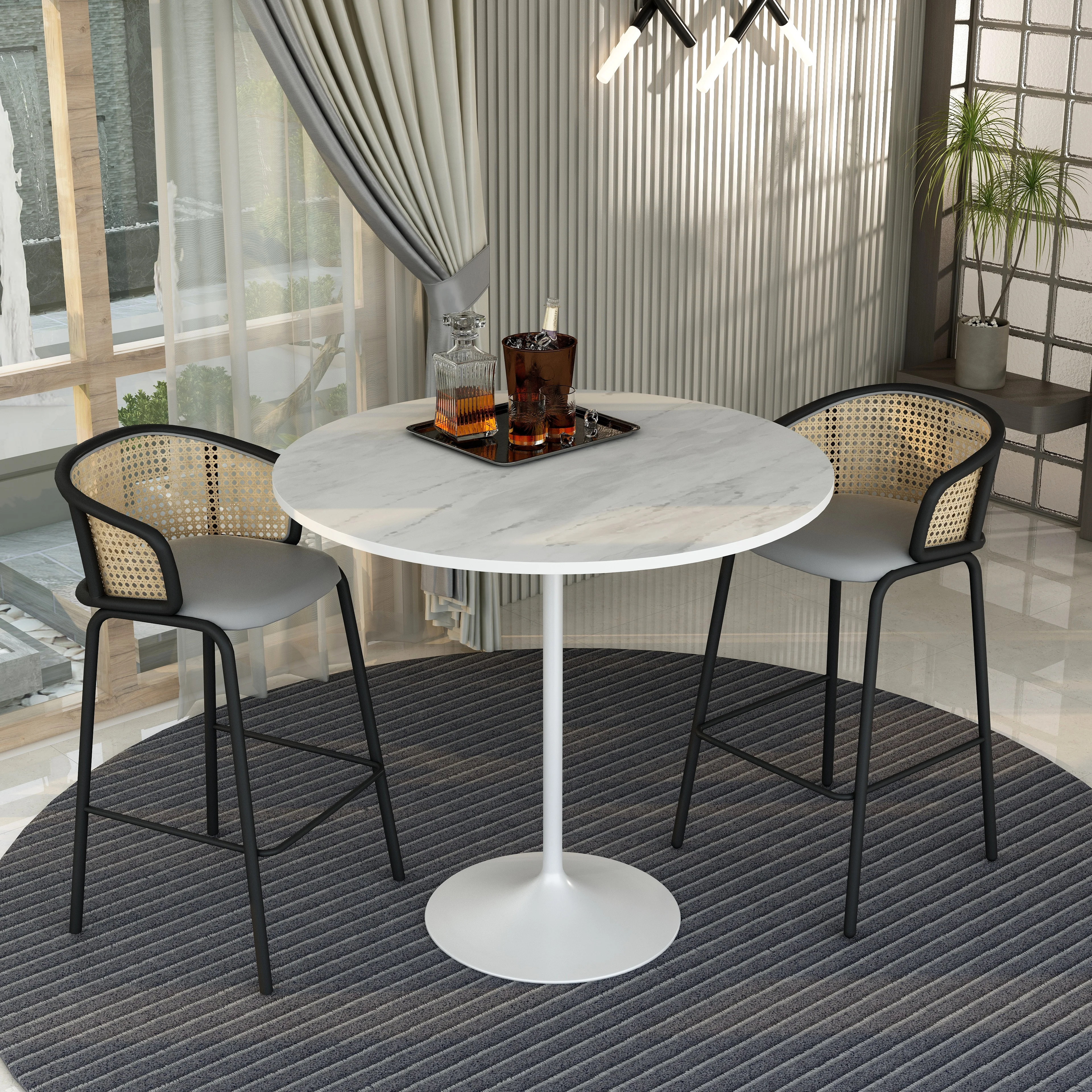 Verve Collection Modern Bar Height Table White Base with 48" Round Marbleized White Laminated Top