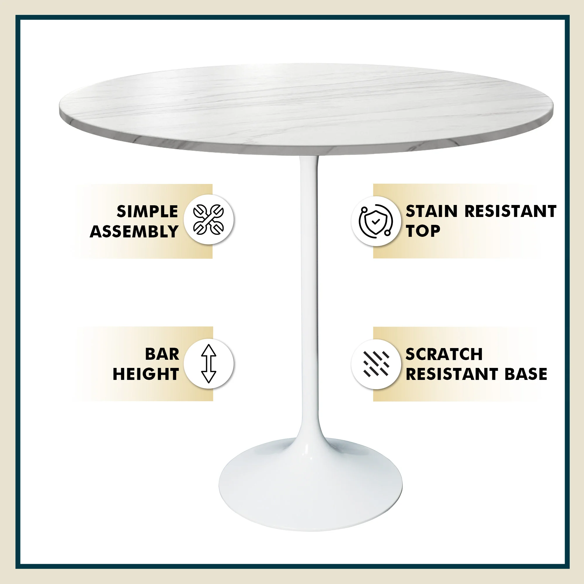 Verve Collection Modern Bar Height Table White Base with 48" Round Marble White Sintered Stone Top