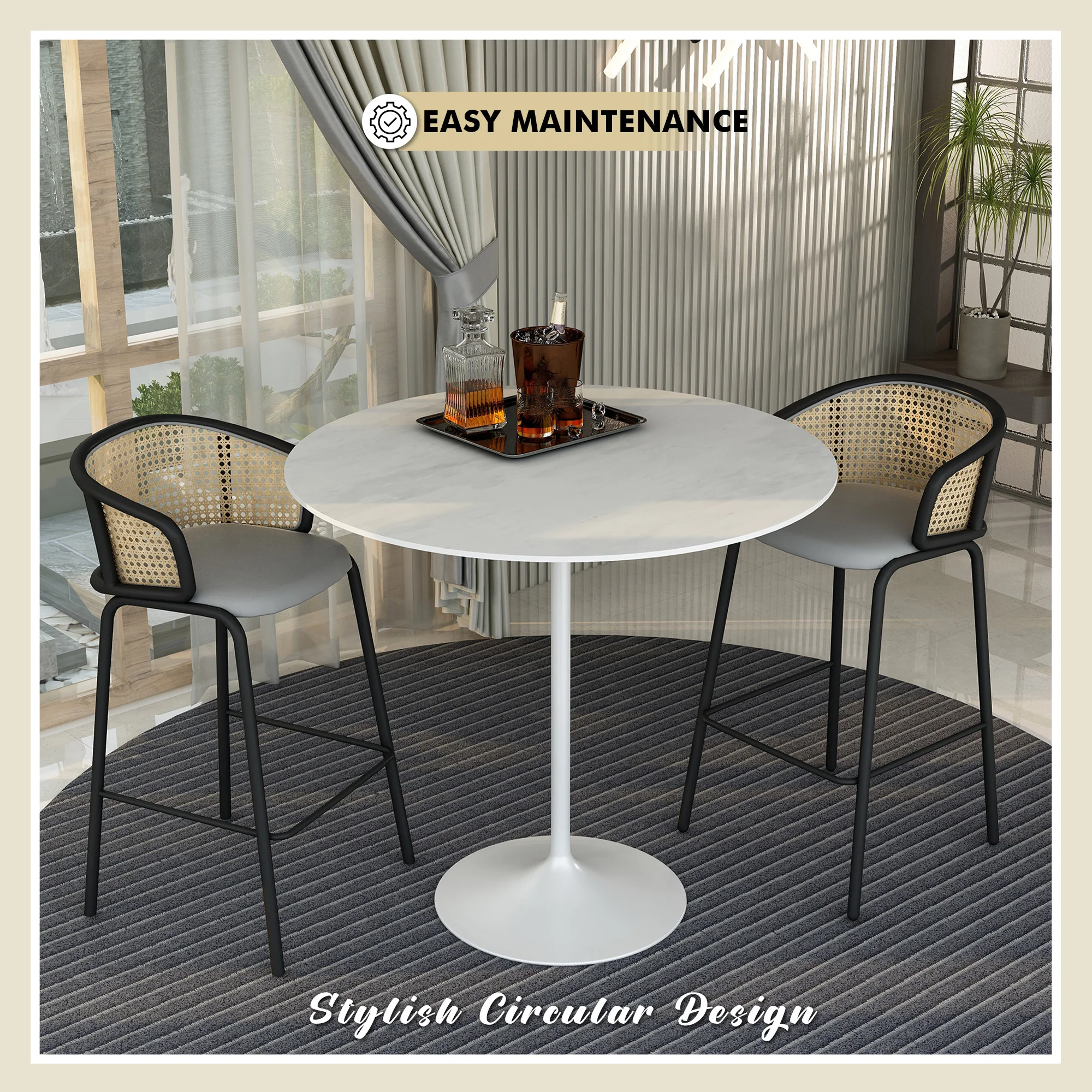 Verve Collection Modern Bar Height Table White Base with 48" Round Marble White Sintered Stone Top