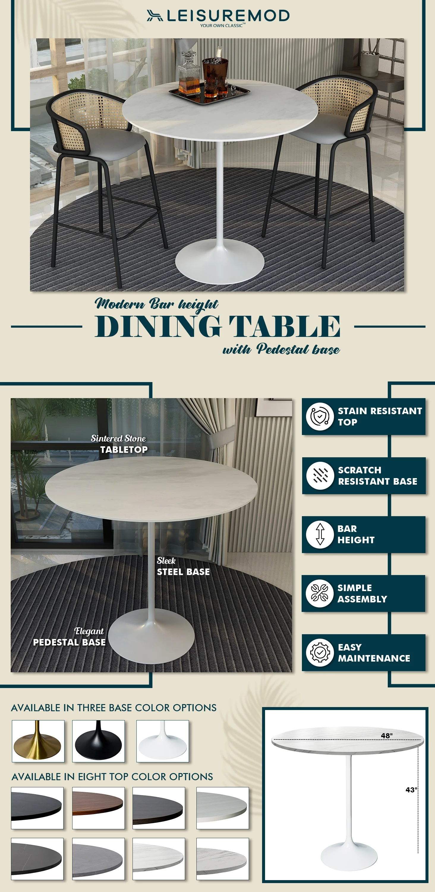 Verve Collection Modern Bar Height Table White Base with 48" Round Marble White Sintered Stone Top