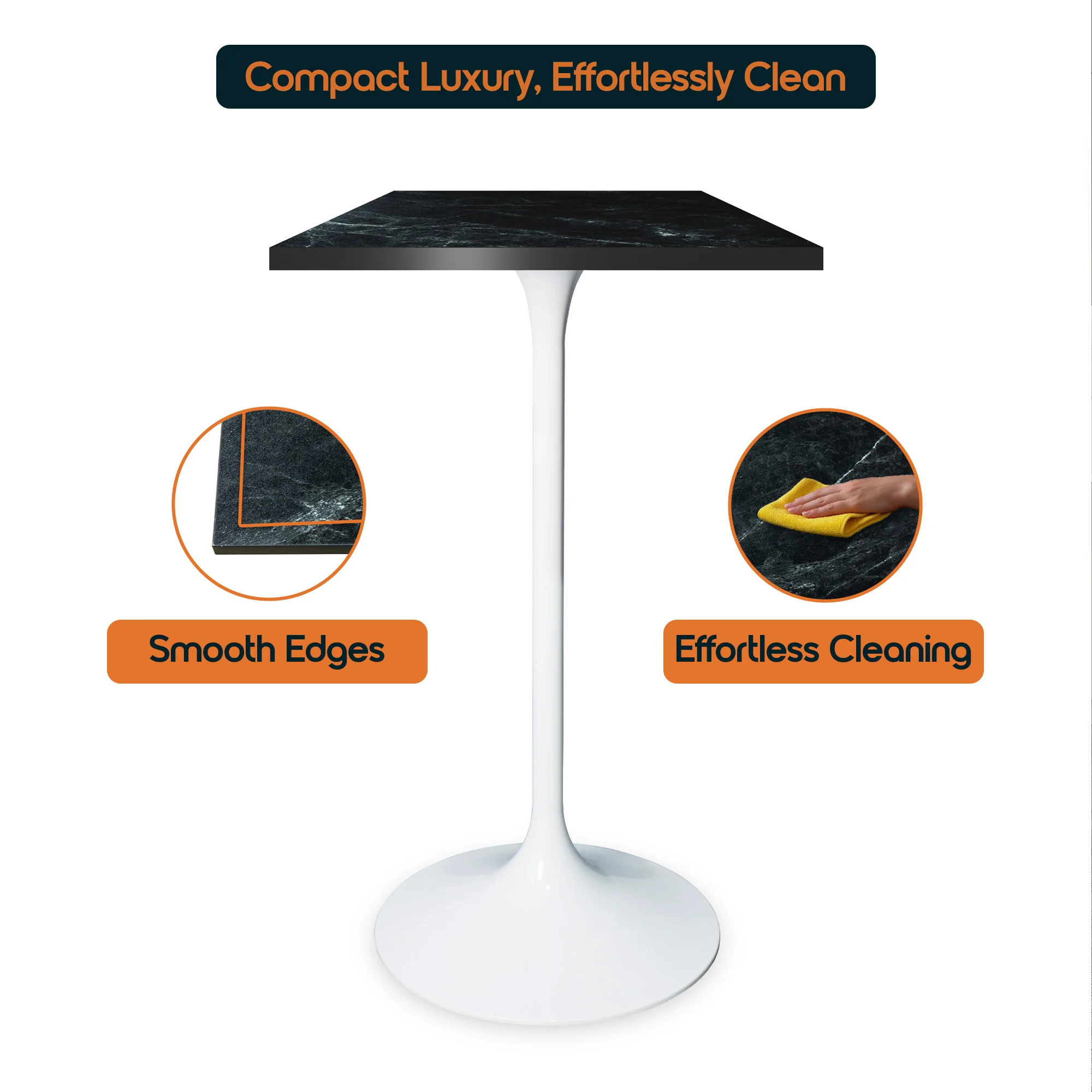 Verve Collection 24 Square Top Bar Height Table, White Base with Black MDF Top