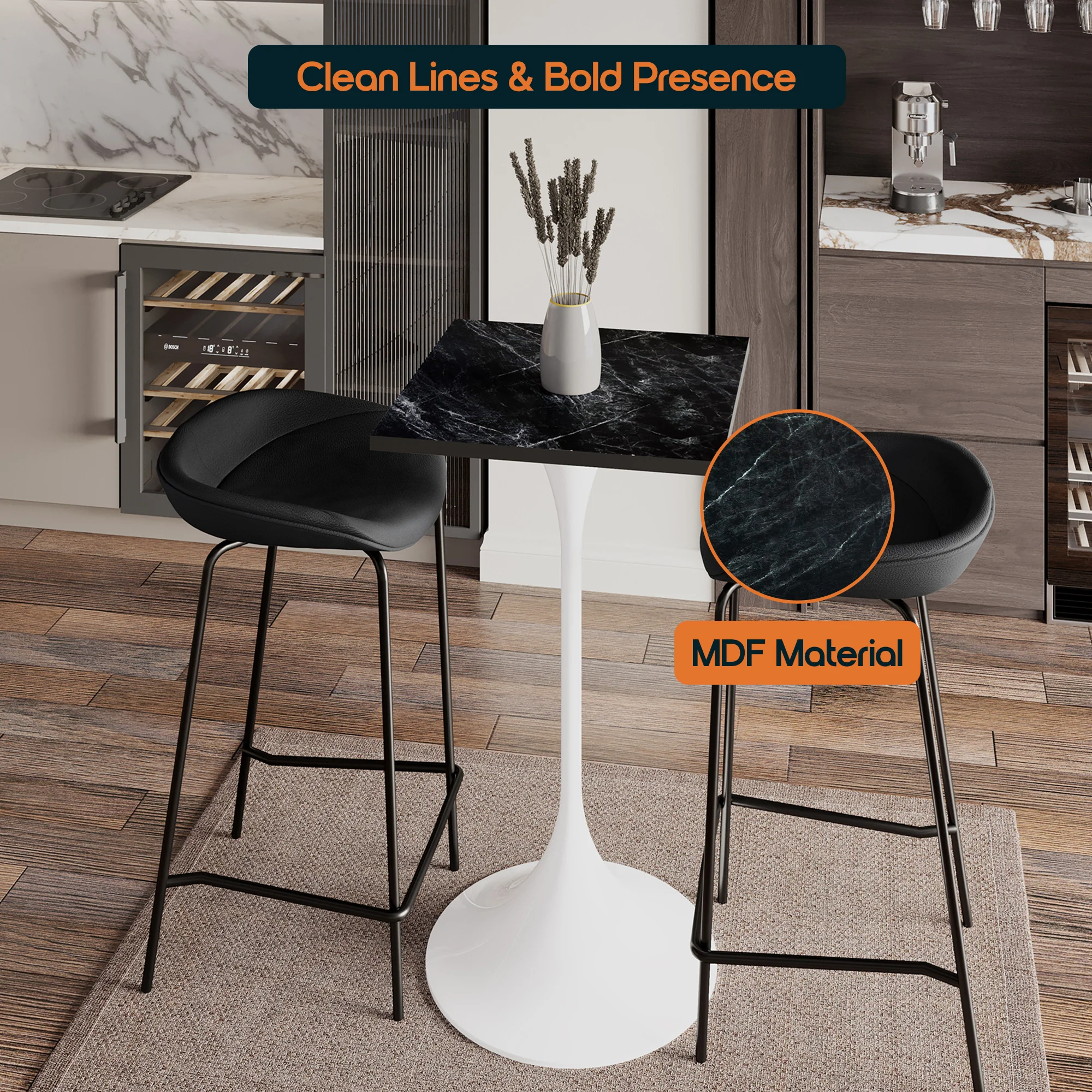 Verve Collection 24 Square Top Bar Height Table, White Base with Black MDF Top