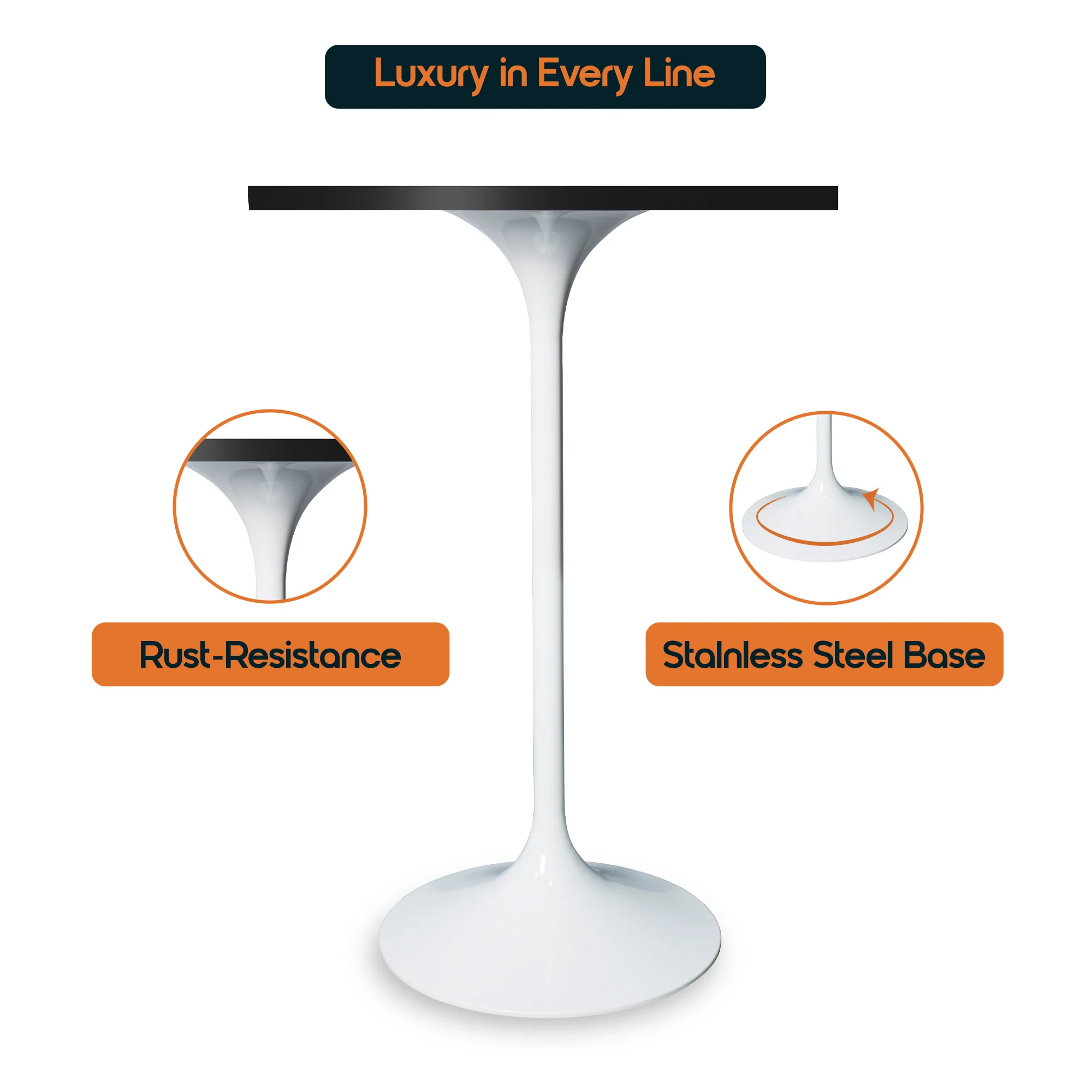 Verve Collection 24 Square Top Bar Height Table, White Base with Black MDF Top