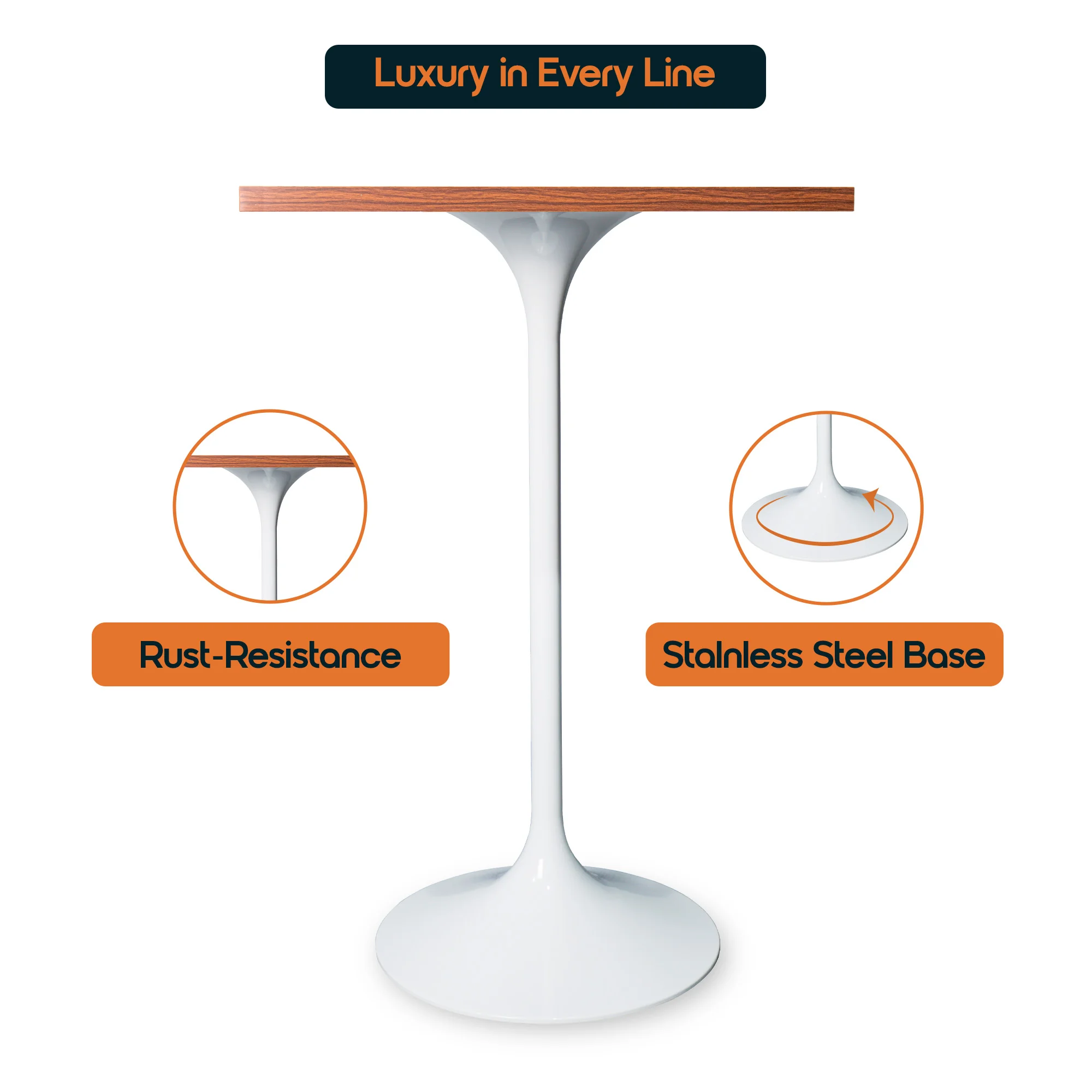 Verve Collection 24 Square Top Bar Height Table, White Base with Dark Maple MDF Top