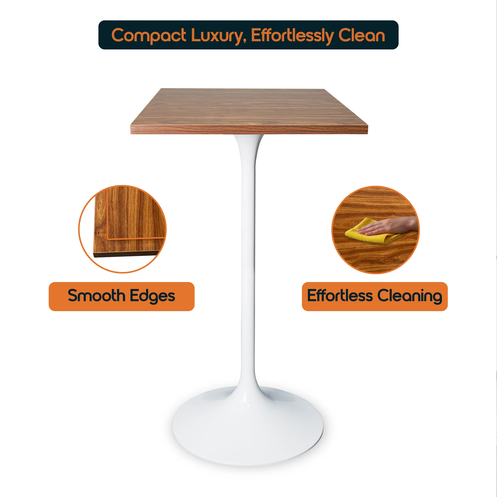 Verve Collection 24 Square Top Bar Height Table, White Base with Dark Maple MDF Top