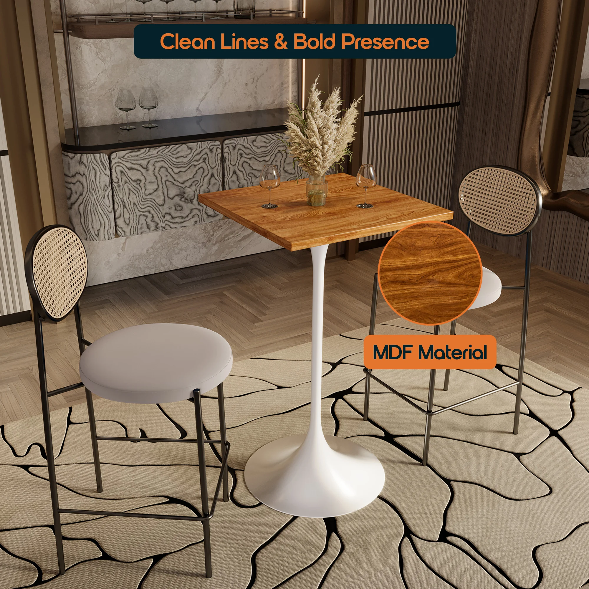 Verve Collection 24 Square Top Bar Height Table, White Base with Dark Maple MDF Top